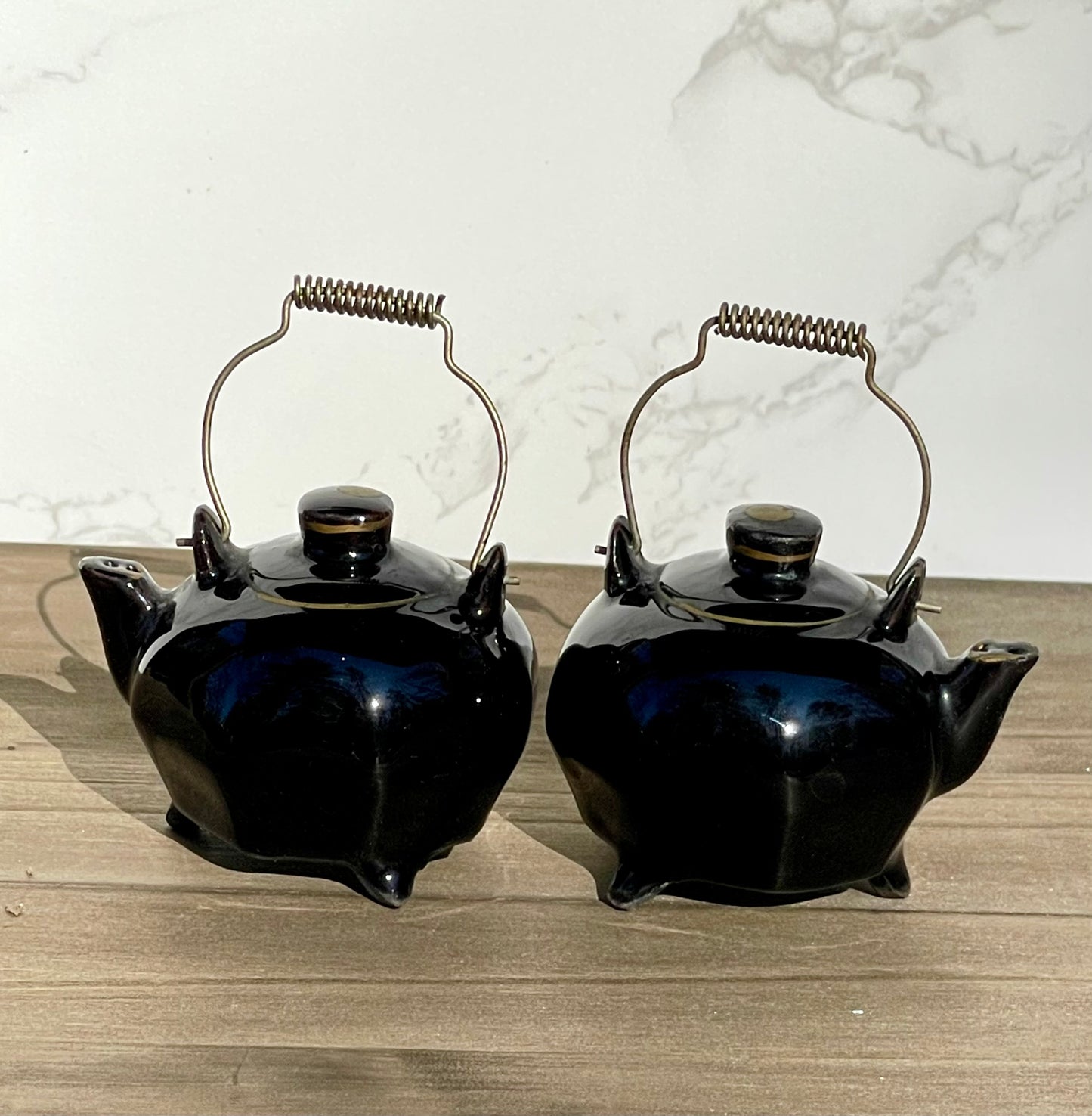 Vintage Mini Black Glazed Tea Pot Hand Painted Salt and Pepper Shakers Made in Japan Metal Wire Handles TheBrokenBird Company S&P shakers modern kitchen tea lovers