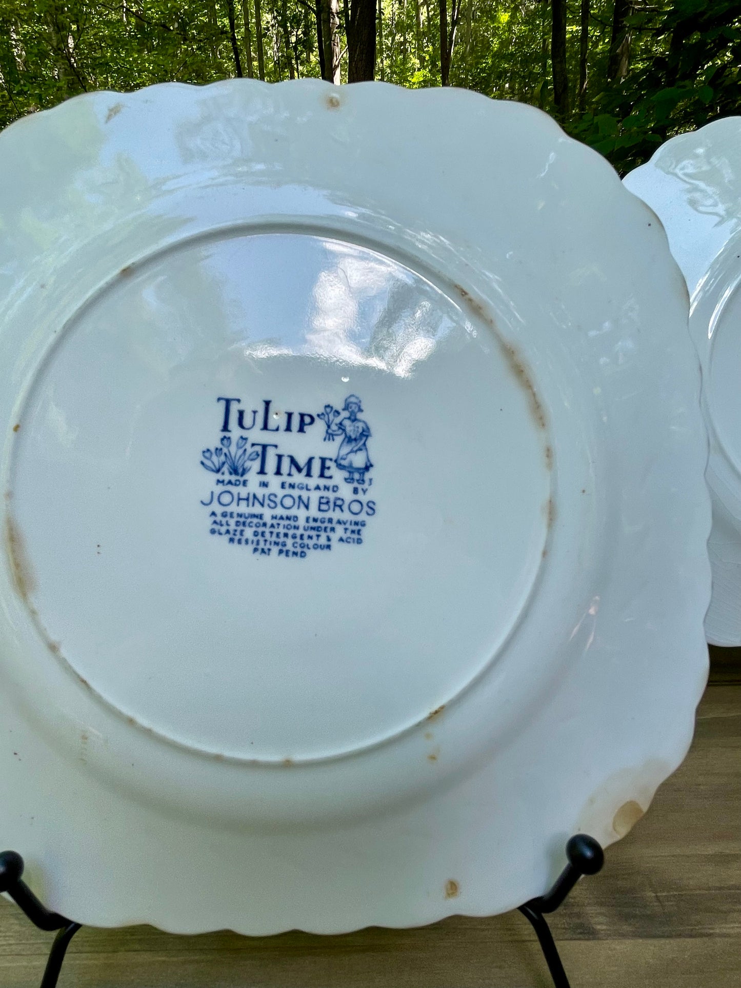 vintage blue and white dutch delftware ironstone square plates tulip time by johnson brothers made in england ruffled edge country farmhouse decor decorative plates free shipping thebrokenbirdcompany gift for her home decor