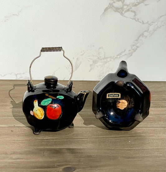 Vintage Mini Black Glazed Tea Pot Hand Painted Salt and Pepper Shakers Made in Japan Metal Wire Handles TheBrokenBird Company S&P shakers modern kitchen tea lovers
