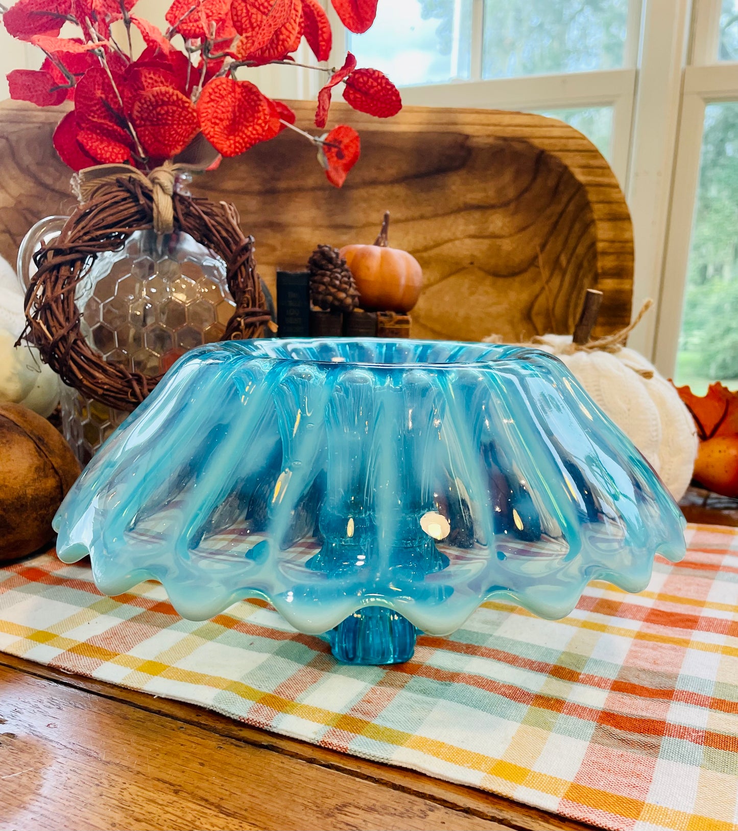 Antique rare blue glass centerpiece kitchen home decor baby blue glass gift ruffle edge Fenton glass Fenton blue glass Thebrokenbirdcompany’s birthday candle holder vase large blue center piece party center pieces
