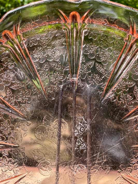 pink depression glass, Mayfair Open Rose, Anchor Hocking glass, vintage serving tray, handled glass plate, floral pattern glass, depression era collectible, 1930s glassware, rose motif tray, pink glass platter, antique serving dish, molded depression glass, Open Rose pattern, vintage pink tray, collectible glassware thebrokenbirdcompany vintage kitchenware gift for her spring serving plate pink plate