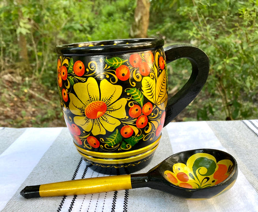 khokhloma, russian khokhloma, vintage khokhloma, russian folk art, hand painted wooden bowl, lacquered wood mug, khokhloma spoon, russian lacquerware, folk art set, painted berries flowers, soviet era khokhloma, traditional russian tableware, wooden cup spoon bowl, yellow floral khokhloma, black background khokhloma, russian souvenir, hohloma painting, khokhloma gift, wooden ladle, folk art mug thebrokenbirdcompany free shipping russian art USSR