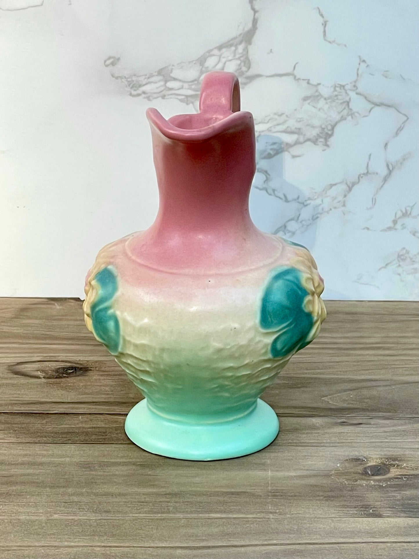 Vintage Hull Art Pitcher Magnolia Design with Teal and Pink Hues L-3-5 1/2 Inscription On Bottom. Art Deco design home decor. home decor gift thebrokenbirdcompany Rare Hull Art