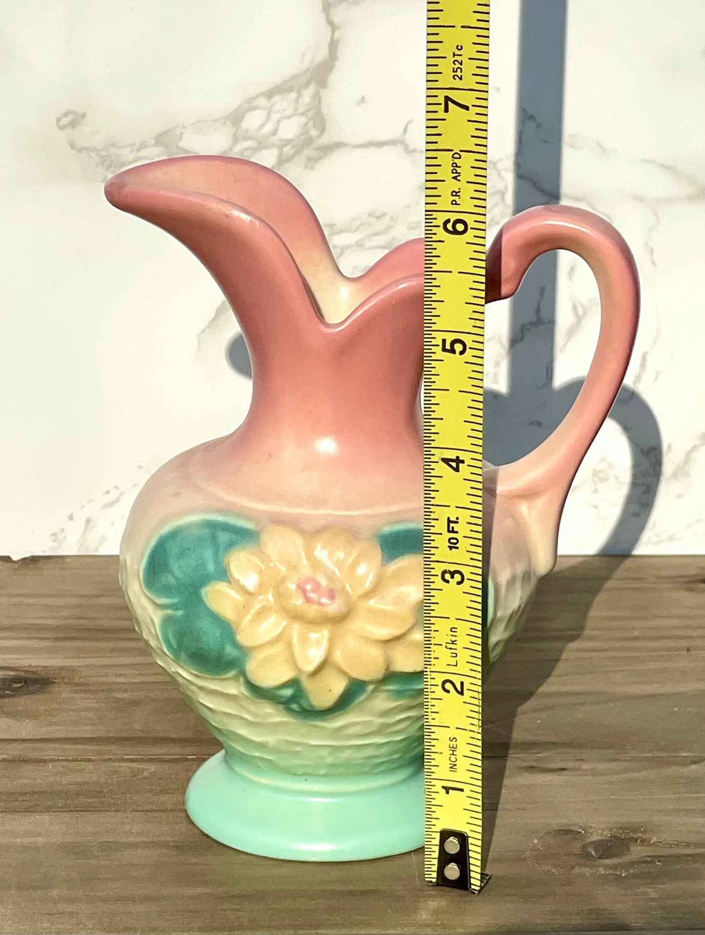 Vintage Hull Art Pitcher Magnolia Design with Teal and Pink Hues L-3-5 1/2 Inscription On Bottom. Art Deco design home decor. home decor gift thebrokenbirdcompany Rare Hull Art