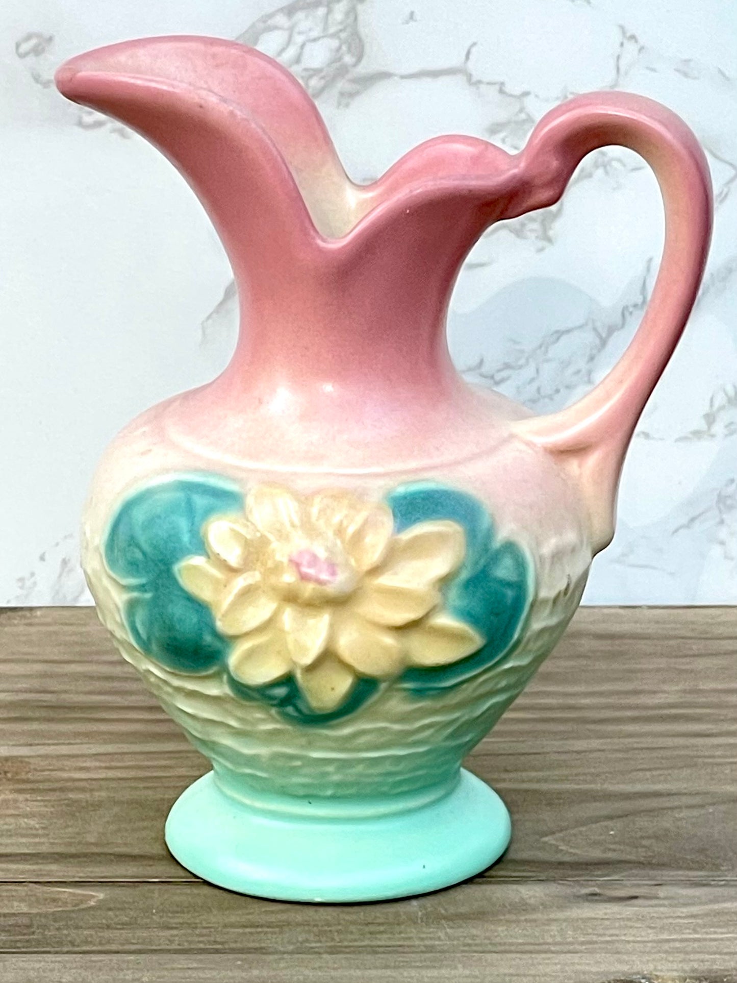 Vintage Hull Art Pitcher Magnolia Design with Teal and Pink Hues L-3-5 1/2 Inscription On Bottom. Art Deco design home decor gift home decor vintage Thebrokenbirdcompany