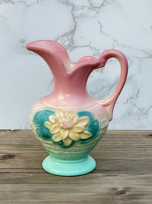 vintage water pitcher home decor gift magnolia with lily pads teal and pink