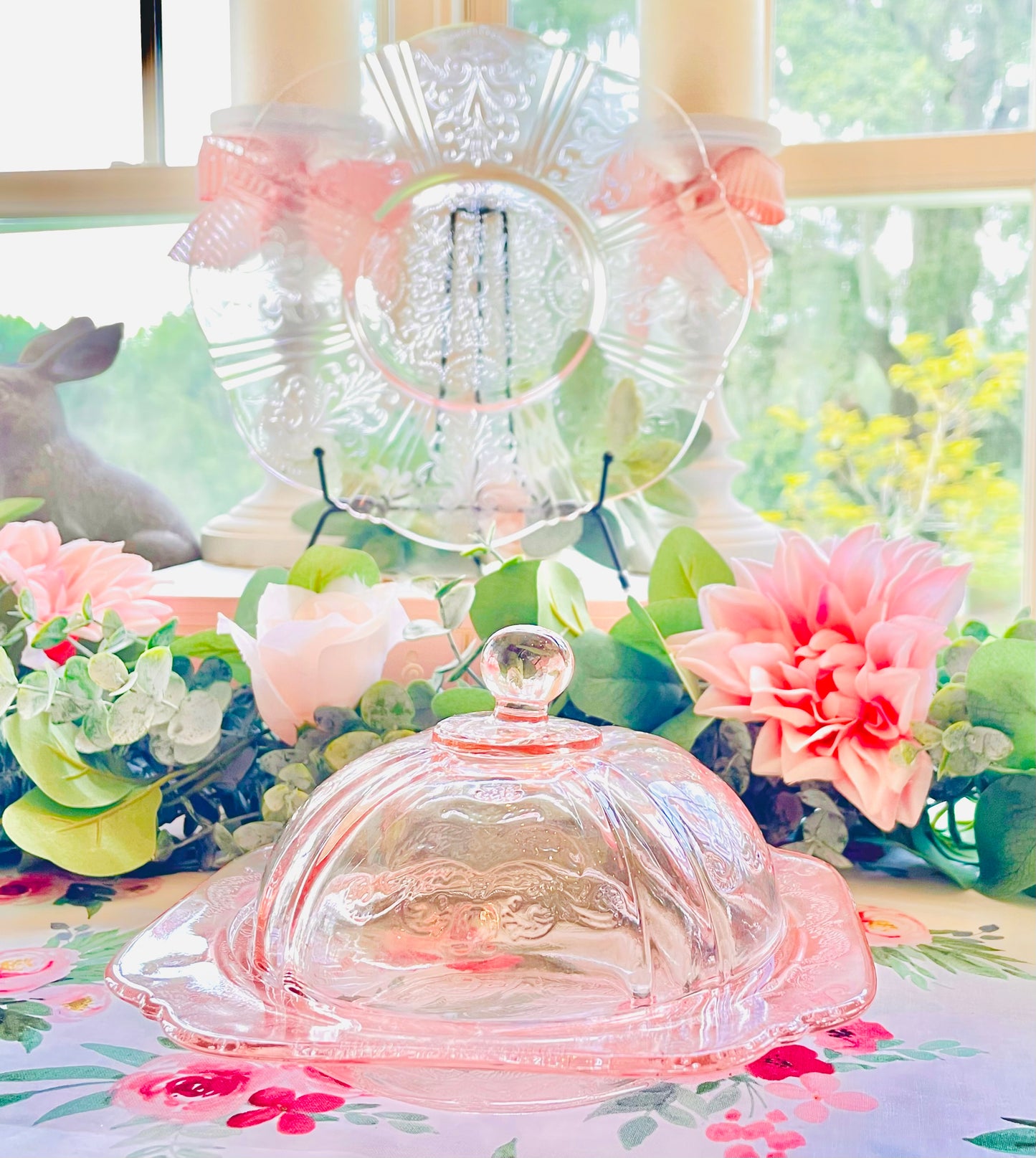 Vintage Pink Depression Glass Dome Covered Butter Dish