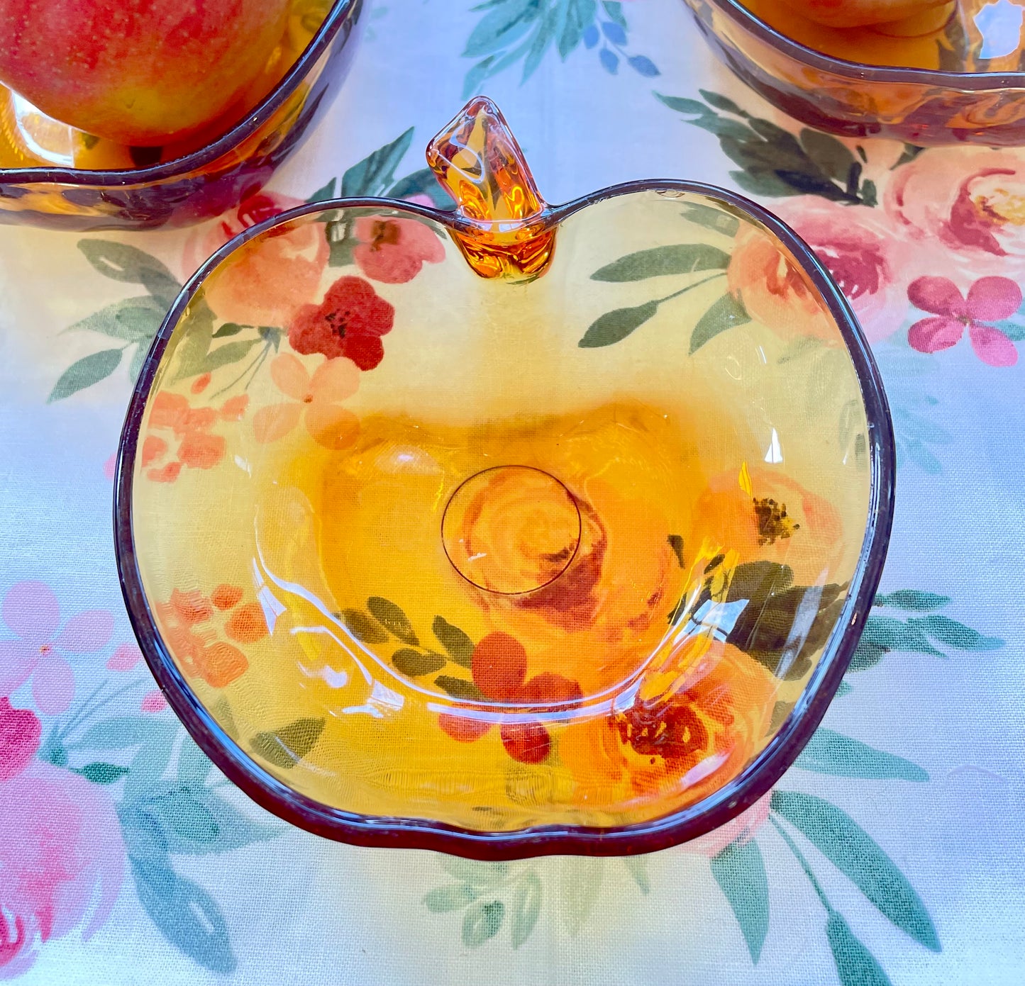 Vintage Orchard Amber Glass Apple Shaped Dessert Bowls Colored Glass Kitchen Ware Amber Bowls Set of 3