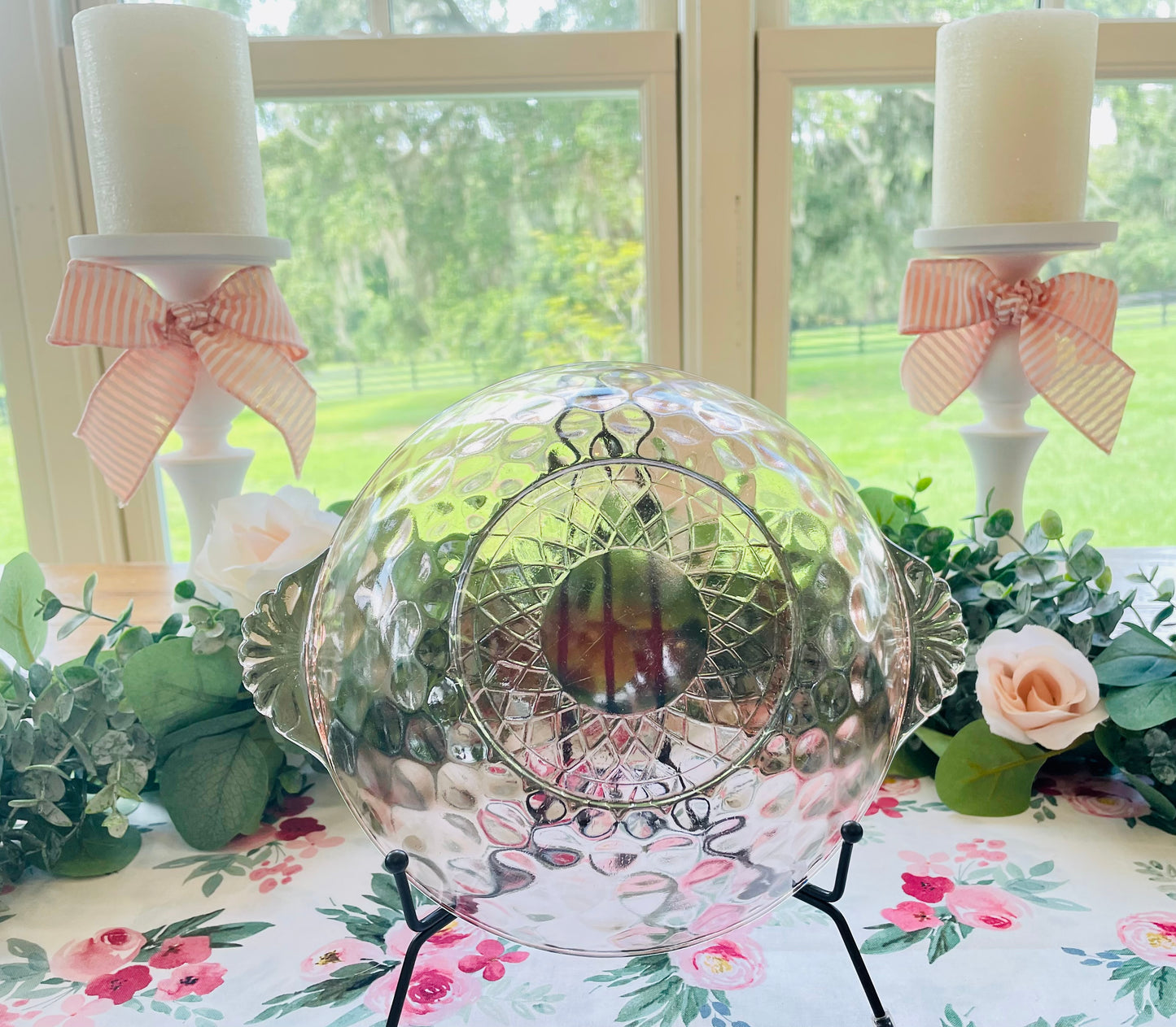Anchor Hocking diamond optic pink depression glass serving bowl with ornate glass handles Pink depression glass berry bowl ornate salad bowl Thebrokenbirdcompany pink glass antique glass pink birthday gift fancy ice cream bowl depression glass pink party bowl