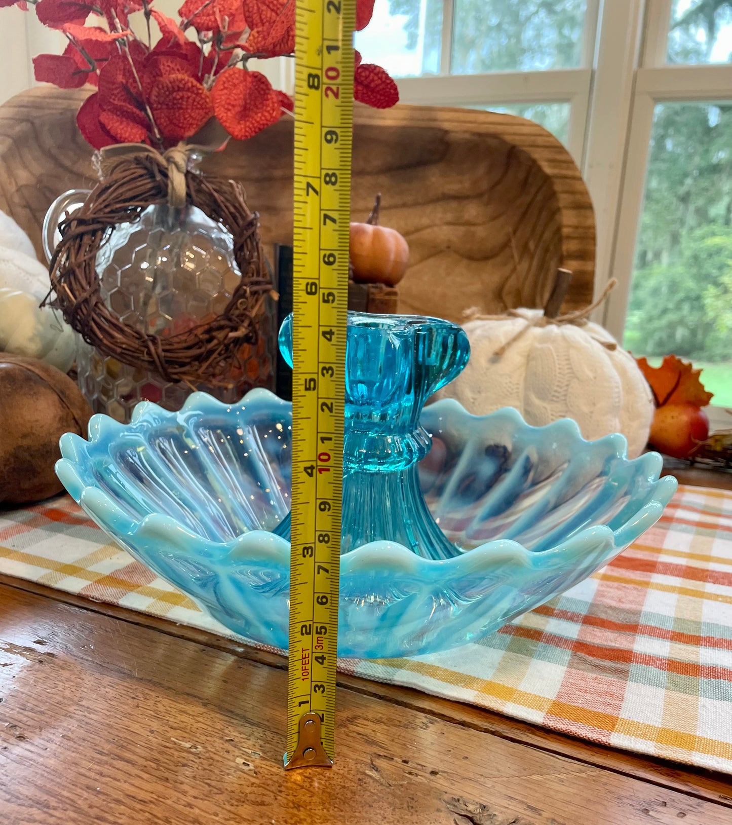 antique blue pearline blown glass 3 prong candle holder center piece blue and white glass rare blue glass kitchen decor housewarming gift for her rare home decor christmas gift housewarming gift 1900s piece holiday decor birthday gift beautiful glass free shipping in the USA thebrokenbirdcompany height of blue antique glass centerpiece home decor gift rare glass thebrokenbirdcompany