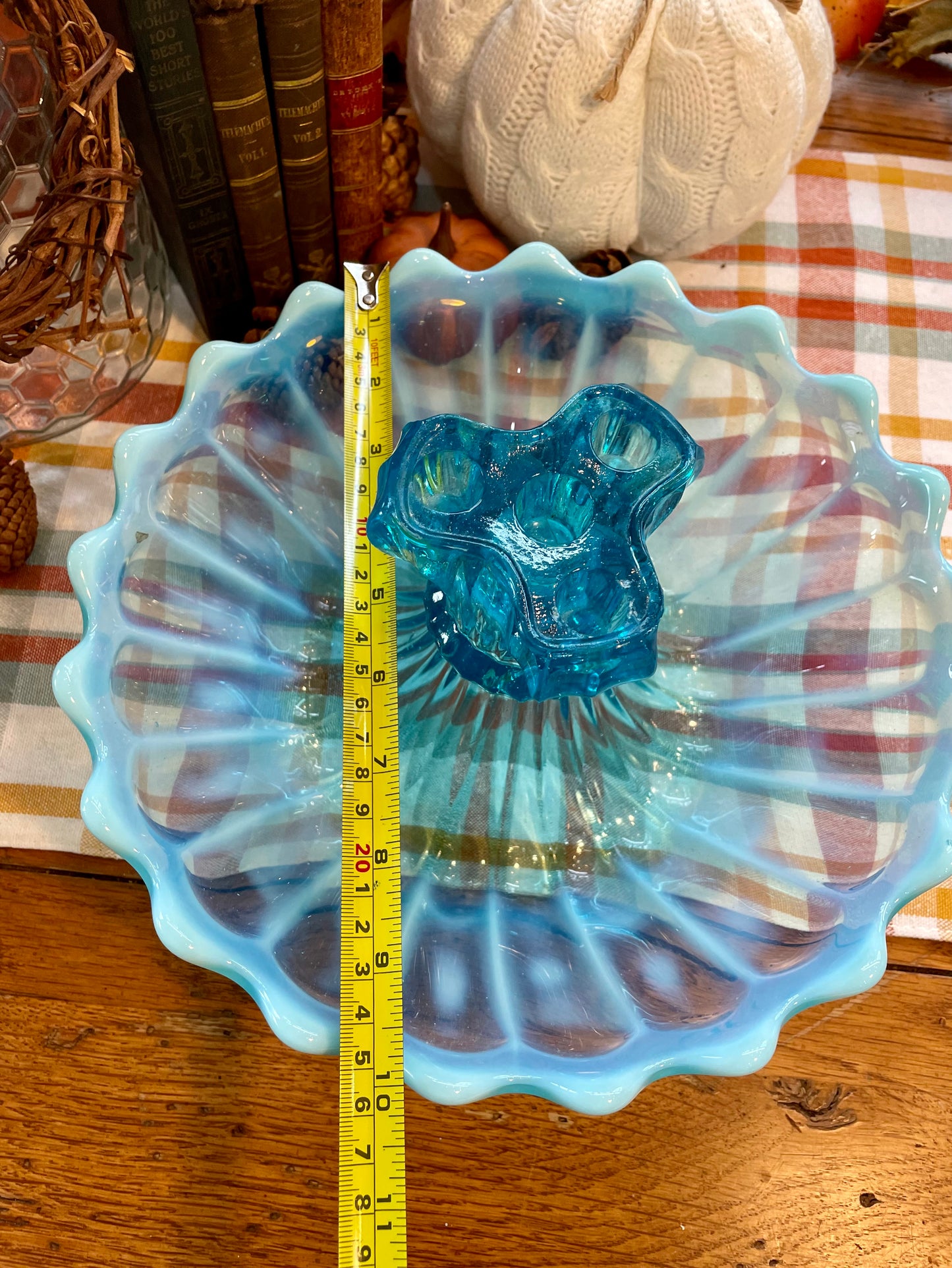 antique blue glass ruffle edge centerpiece candle holder decor home decor rare glass antique blue glass thebrokenbrdcompany