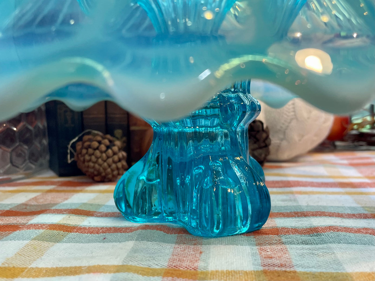 Antique rare blue glass centerpiece kitchen home decor baby blue glass gift ruffle edge Fenton glass Fenton blue glass Thebrokenbirdcompany’s birthday candle holder vase large blue and white centerpiece gift mom grandma farmhouse kitchen dining table centerpiece