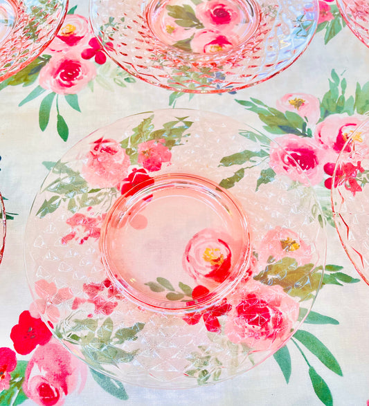 pink depression glass, diamond quilted pattern, imperial glass plates, vintage dessert plates, 1930s glassware, flat diamond glass, collectible pink glass, depression era tableware, quilted pink plates, antique glass set, retro pink dessert plates, art deco glassware, imperial glass diamond quilted, shabby chic decor, pink quilted depression glass Thebrokenbirdcompany gift antique glass