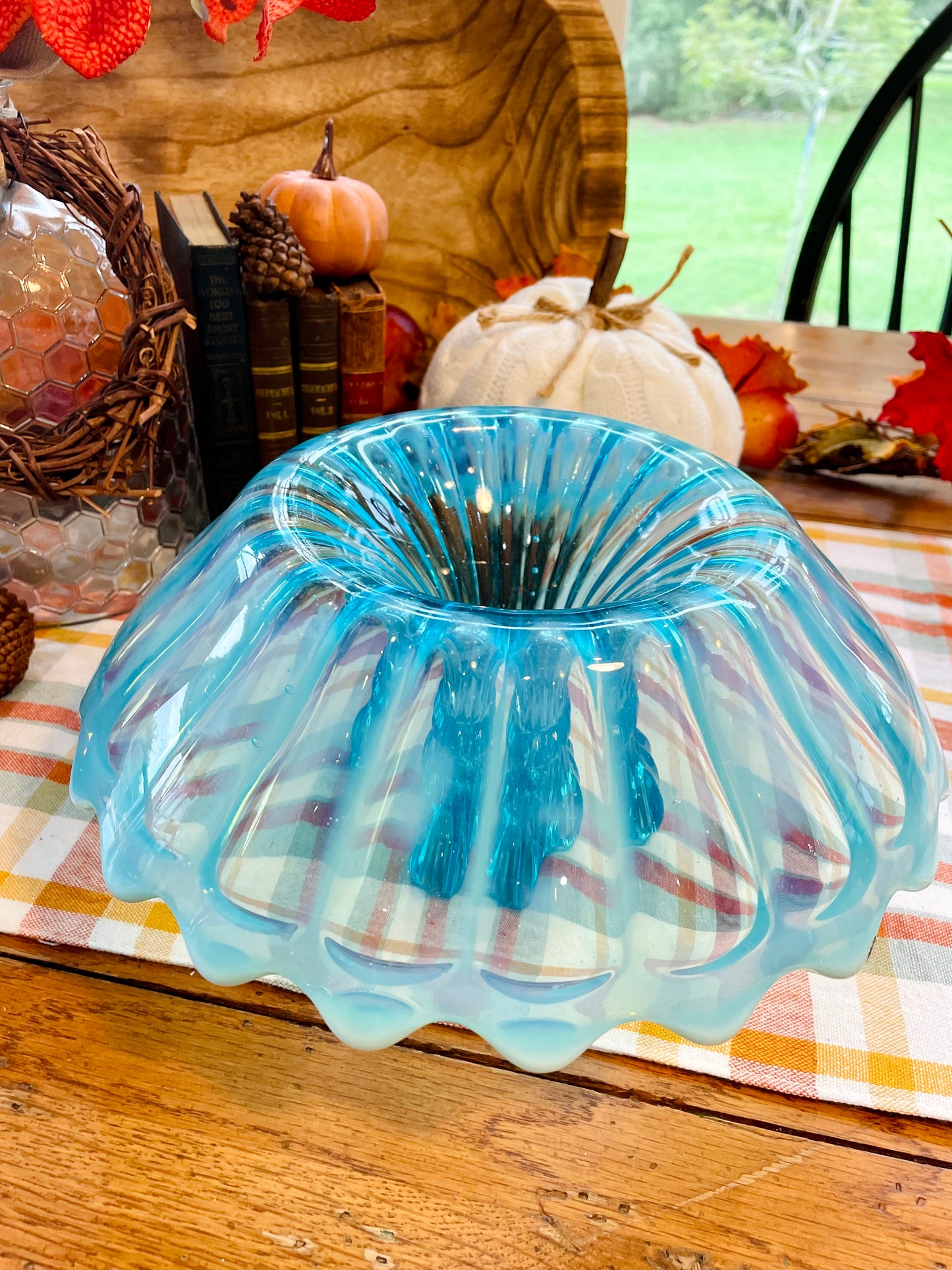 antique blue blown glass pearline with white ruffle edge home decor centerpiece party decor gift christmas centerpiece candles thebrokenbirdcompany