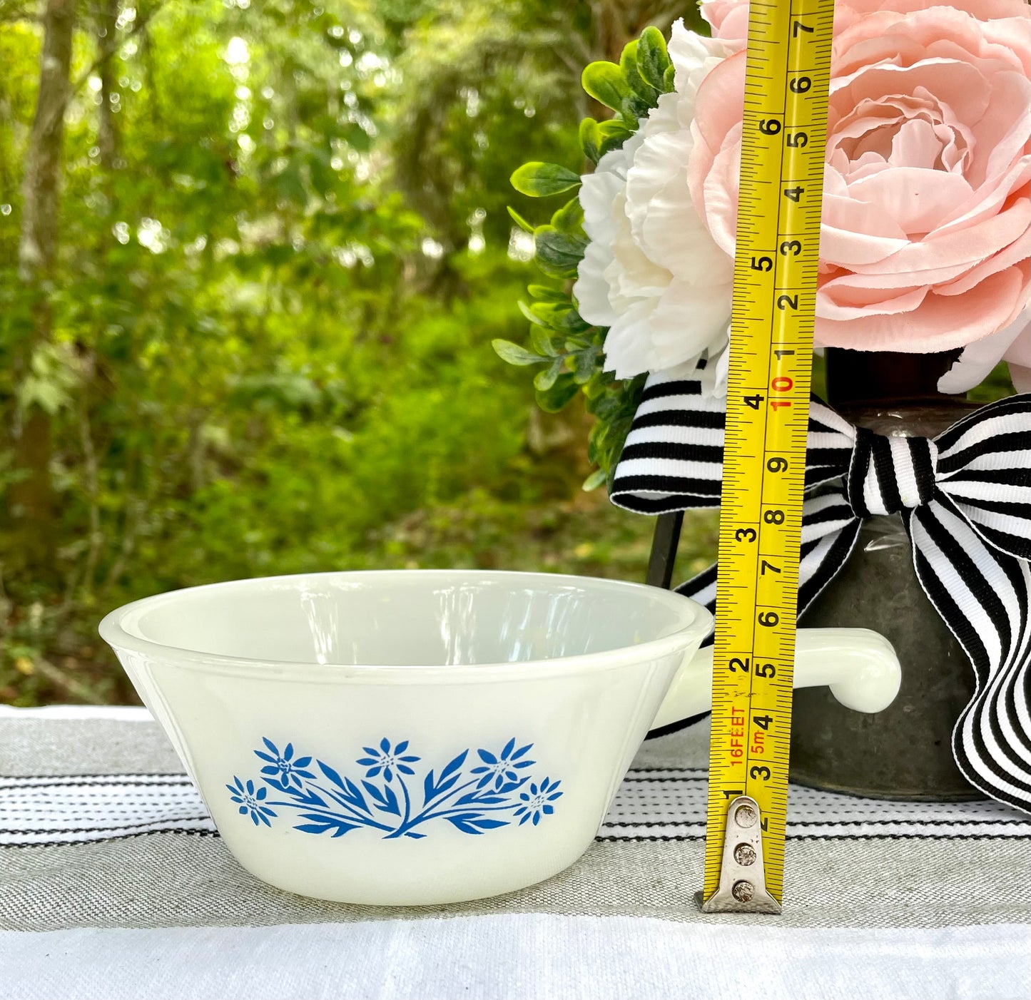 Antique Fire King by Anchor Hocking White Milk Glass and Blue Corn Flower Soup Bowls with Handles Thebrokenbirdcompany vintage soup bowls birthday gift vintage blue and white dishes vintage fire king glass vintage kitchenware