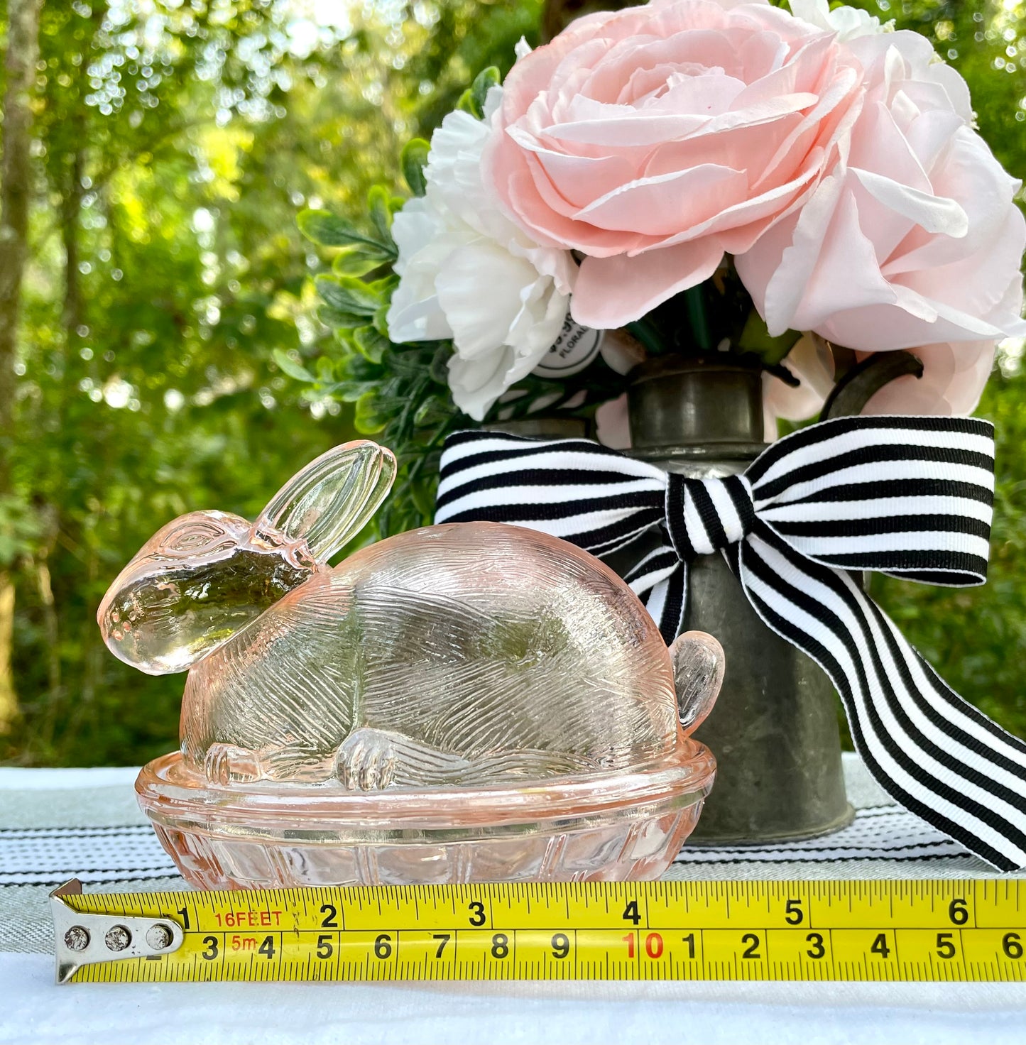 Vintage Pink Glass Nesting Bunny Covered Dish