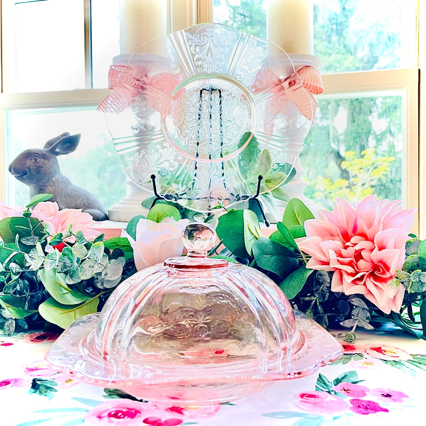 Vintage Pink Depression Glass Dome Covered Butter Dish