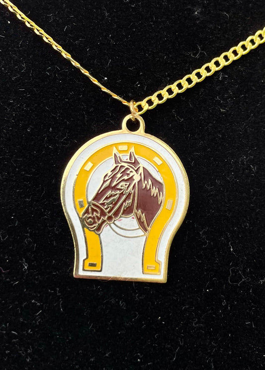 gold tone necklace with lucky horseshoe and horse themed pendant necklace with chain gold tone free shipping thebrokenbirdcompany yellow horseshoe brown horse head gold tone 16 inch chain horse lovers gift for her lucky horseshoe horse rider gift equestrian necklace barrel rider gift western themed necklace country girl gift christmas gift unique horse gift 1 inch pendant charm