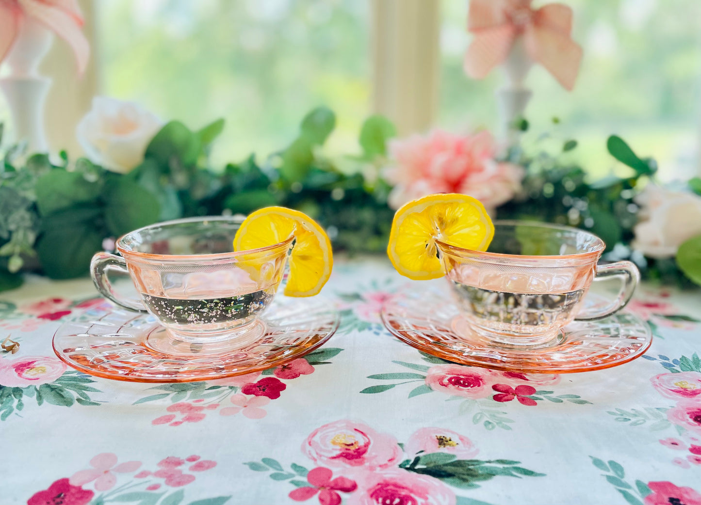 Antique Pink Depression Glass Square Optic Tea Cup and Saucer Set