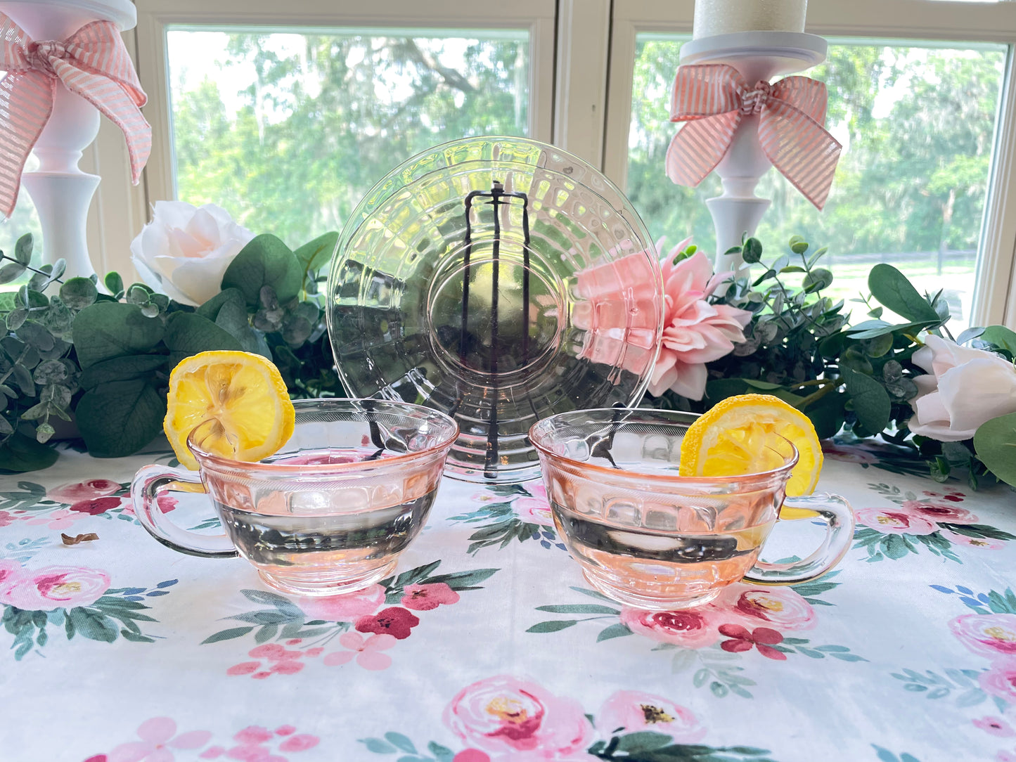Antique Pink Depression Glass Square Optic Tea Cup and Saucer Set