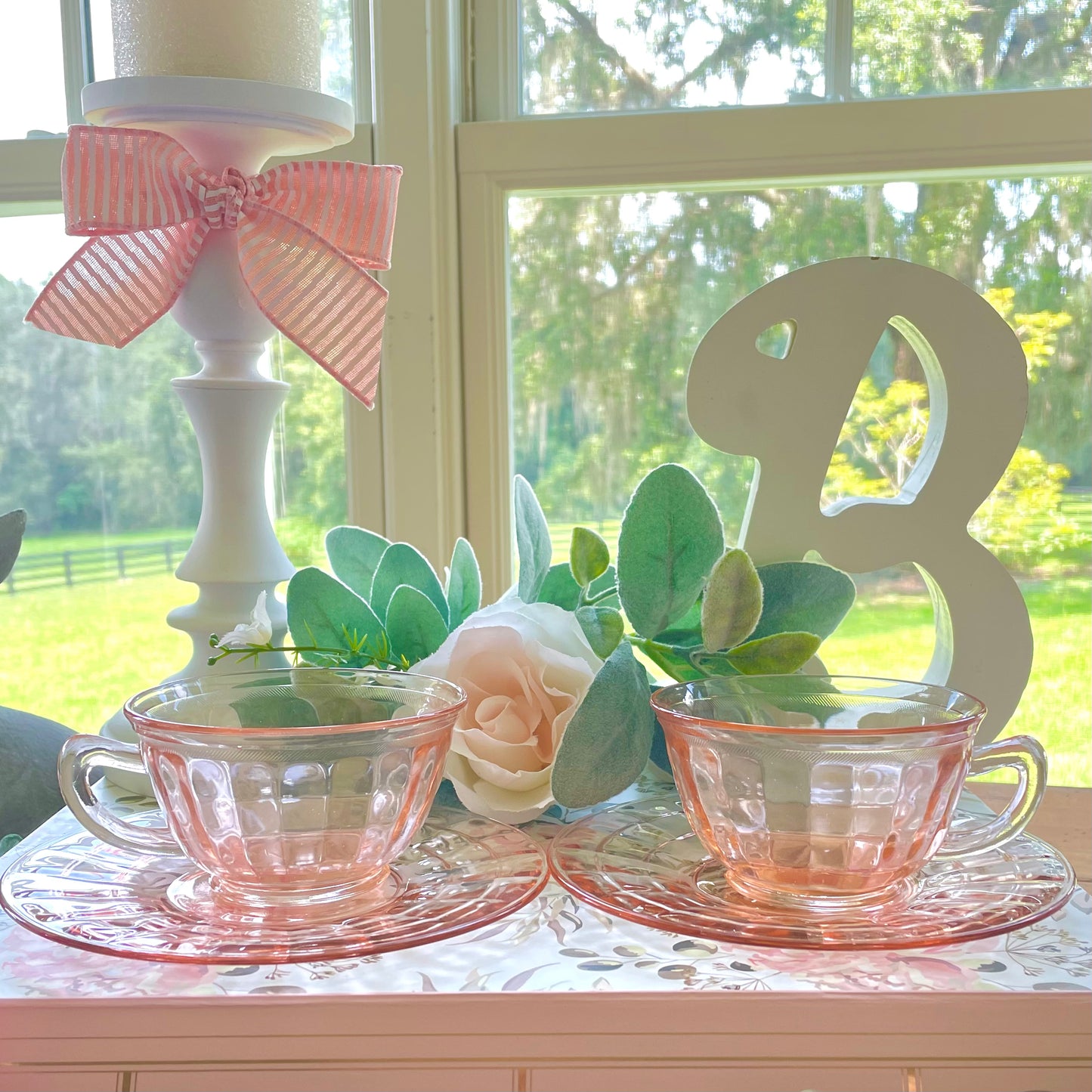 Antique Pink Depression Glass Square Optic Tea Cup and Saucer Set