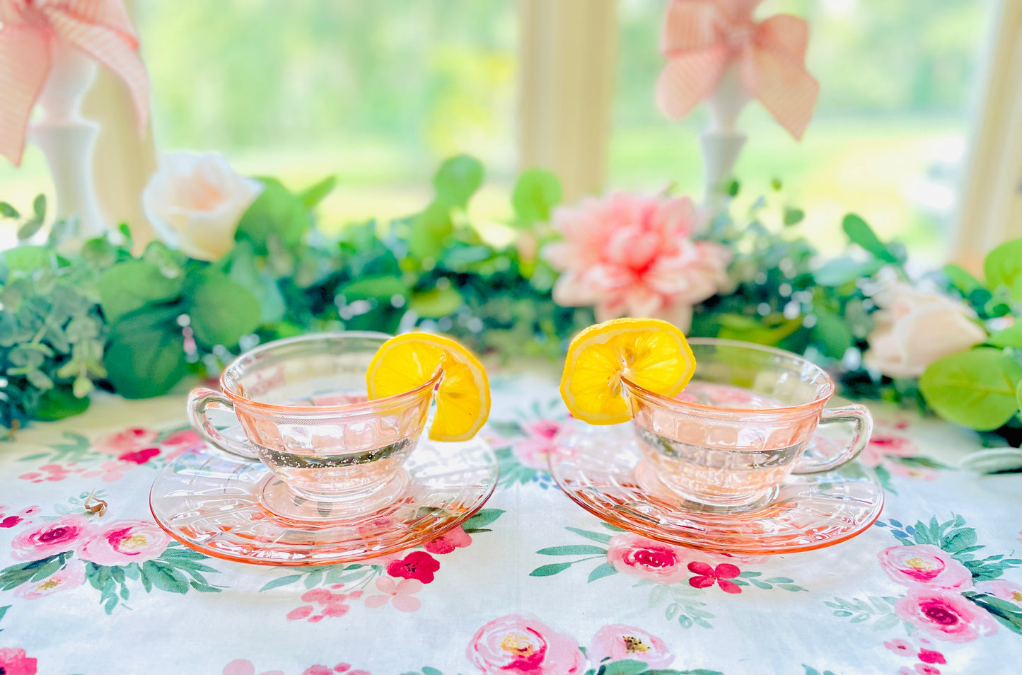Antique Pink Depression Glass Square Optic Tea Cup and Saucer Set