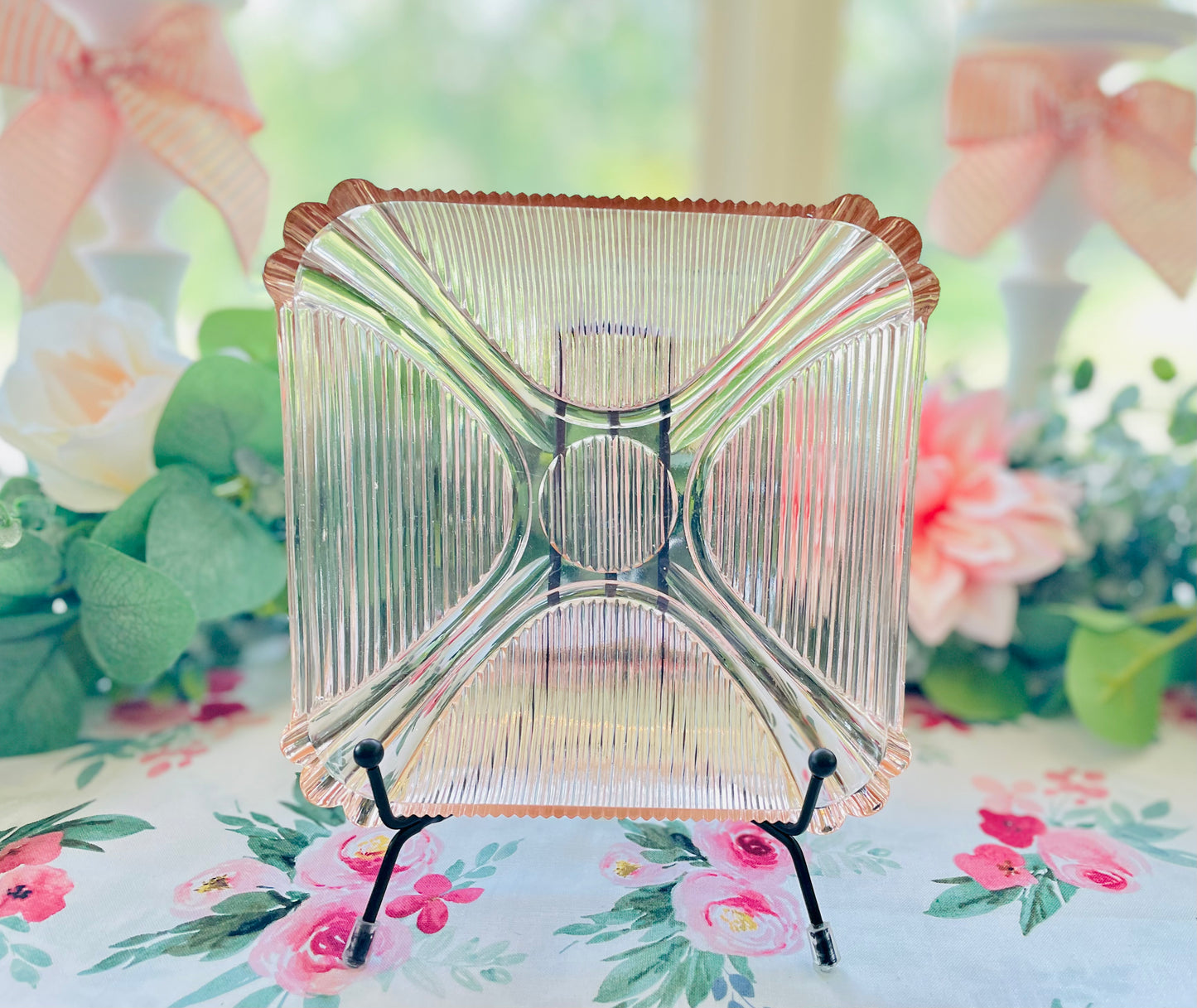 Antique Opalescent Pink Depression Glass Square Ribbed Dish