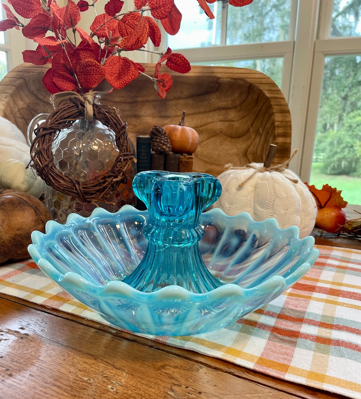 Antique rare blue glass centerpiece kitchen home decor baby blue glass gift ruffle edge Fenton glass Fenton blue glass Thebrokenbirdcompany’s birthday candle holder vase blown glass candle holder rare antique gift