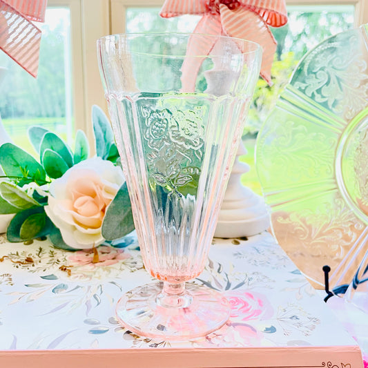 vintage depression glass, pink depression glass, Mayfair Open Rose, Anchor Hocking Mayfair, Hocking Glass Open Rose, 1930s pink glass, footed iced tea tumbler, pedestal glass cup, pink rose glassware, Depression era glass, collectible pink glass, footed t Antique Anchor Hocking Mayfair Open Rose Pink Depression Glass Footed Iced Tea Cups 3 Thebrokenbirdcompany pink ice tea glasses