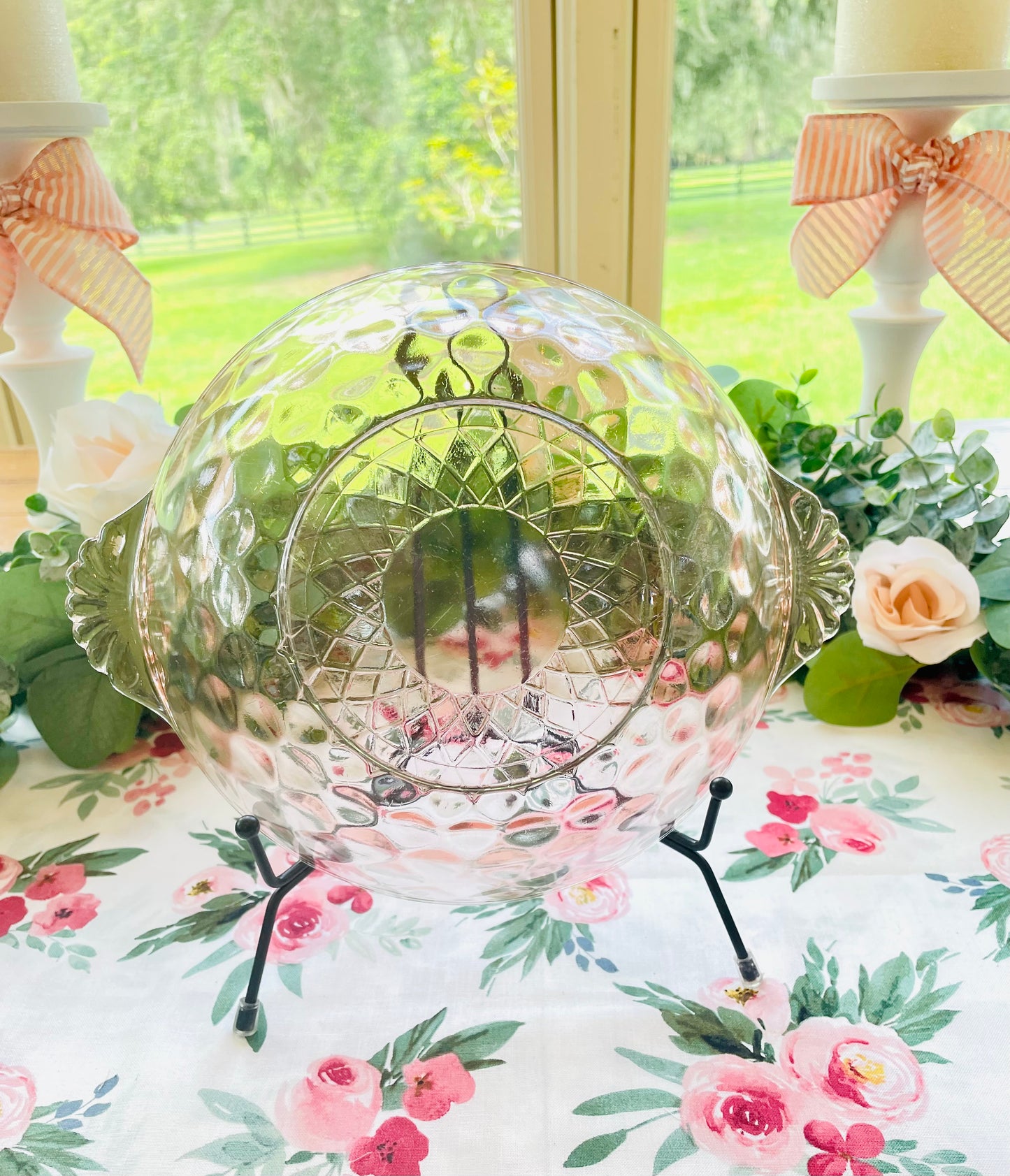 Anchor Hocking diamond optic pink depression glass serving bowl with ornate glass handles Pink depression glass berry bowl ornate salad bowl Thebrokenbirdcompany pink glass antique glass pink birthday gift fancy ice cream bowl depression glass pink party bowl