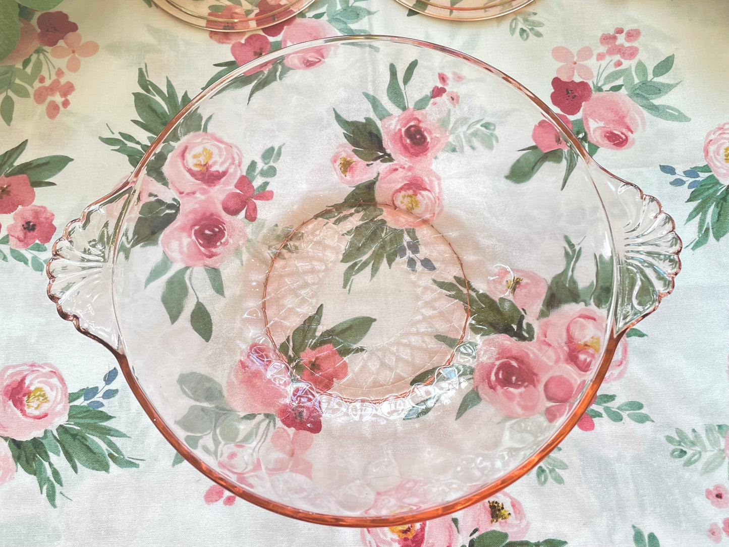 Anchor Hocking diamond optic pink depression glass serving bowl with ornate glass handles Pink depression glass berry bowl ornate salad bowl Thebrokenbirdcompany pink glass antique glass pink birthday gift fancy ice cream bowl depression glass pink party bowl