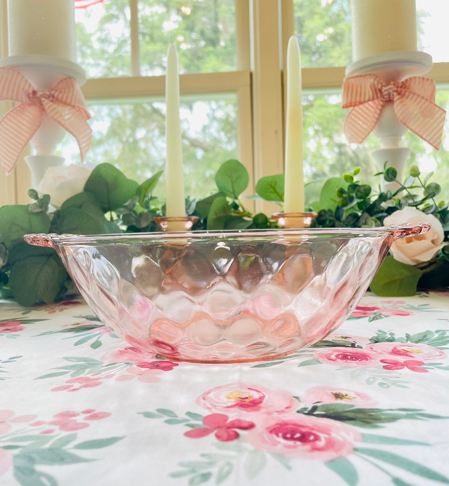 Anchor Hocking diamond optic pink depression glass serving bowl with ornate glass handles Pink depression glass berry bowl ornate salad bowl Thebrokenbirdcompany pink glass antique glass pink birthday gift fancy ice cream bowl depression glass pink party bowl