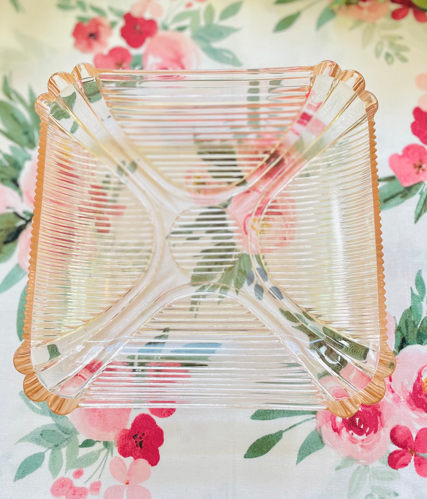 Antique Opalescent Pink Depression Glass Square Ribbed Dish