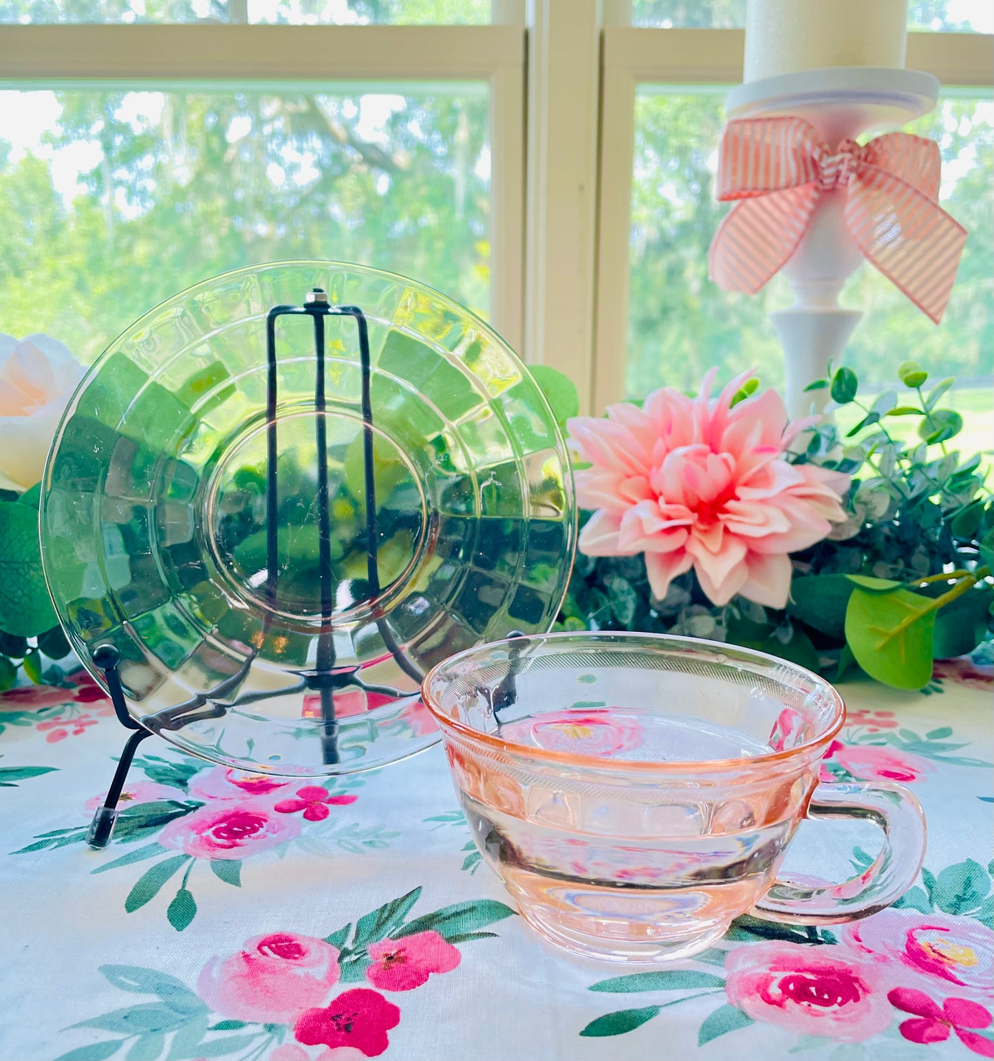 Antique Pink Depression Glass Square Optic Tea Cup and Saucer Set
