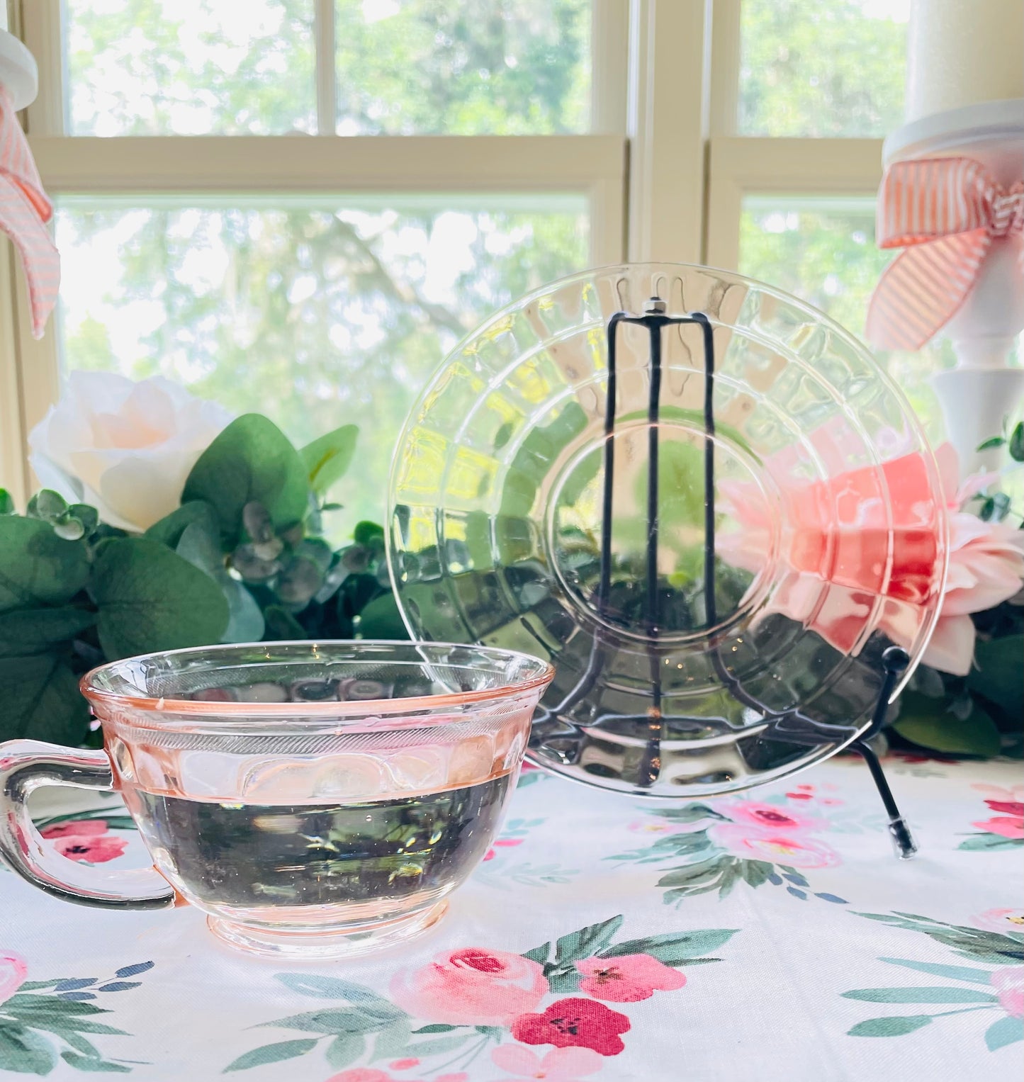 Antique Pink Depression Glass Square Optic Tea Cup and Saucer Set