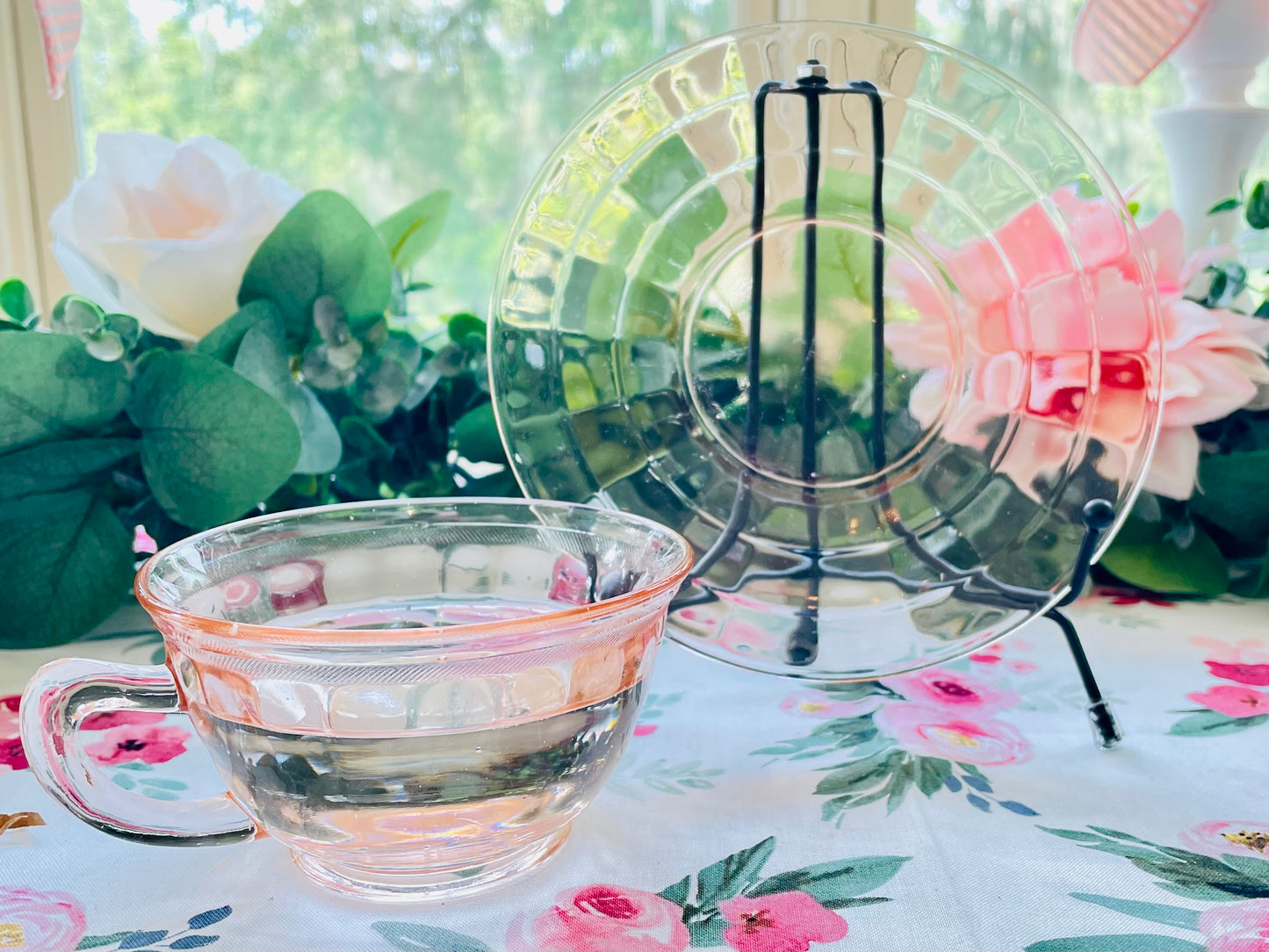 Antique Pink Depression Glass Square Optic Tea Cup and Saucer Set