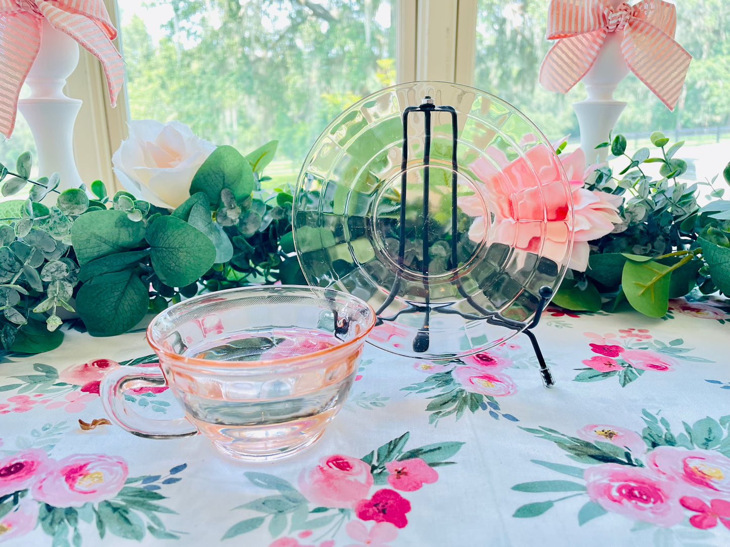 Antique Pink Depression Glass Square Optic Tea Cup and Saucer Set