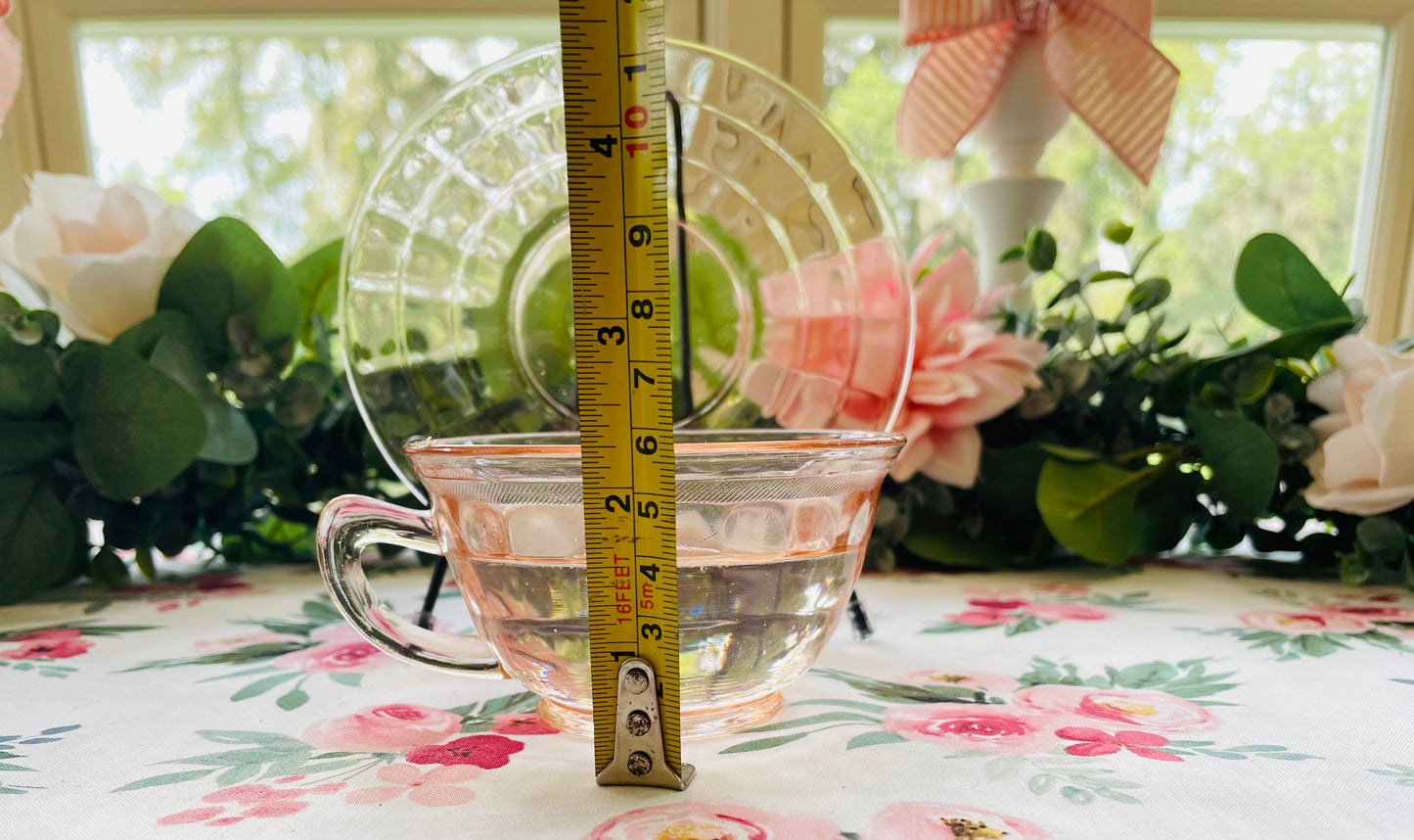 Antique Pink Depression Glass Square Optic Tea Cup and Saucer Set