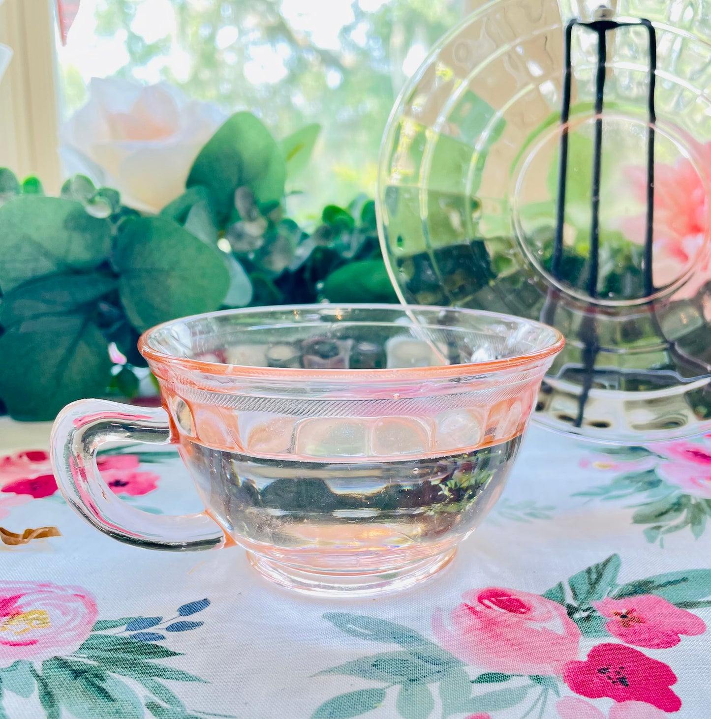 Antique Pink Depression Glass Square Optic Tea Cup and Saucer Set