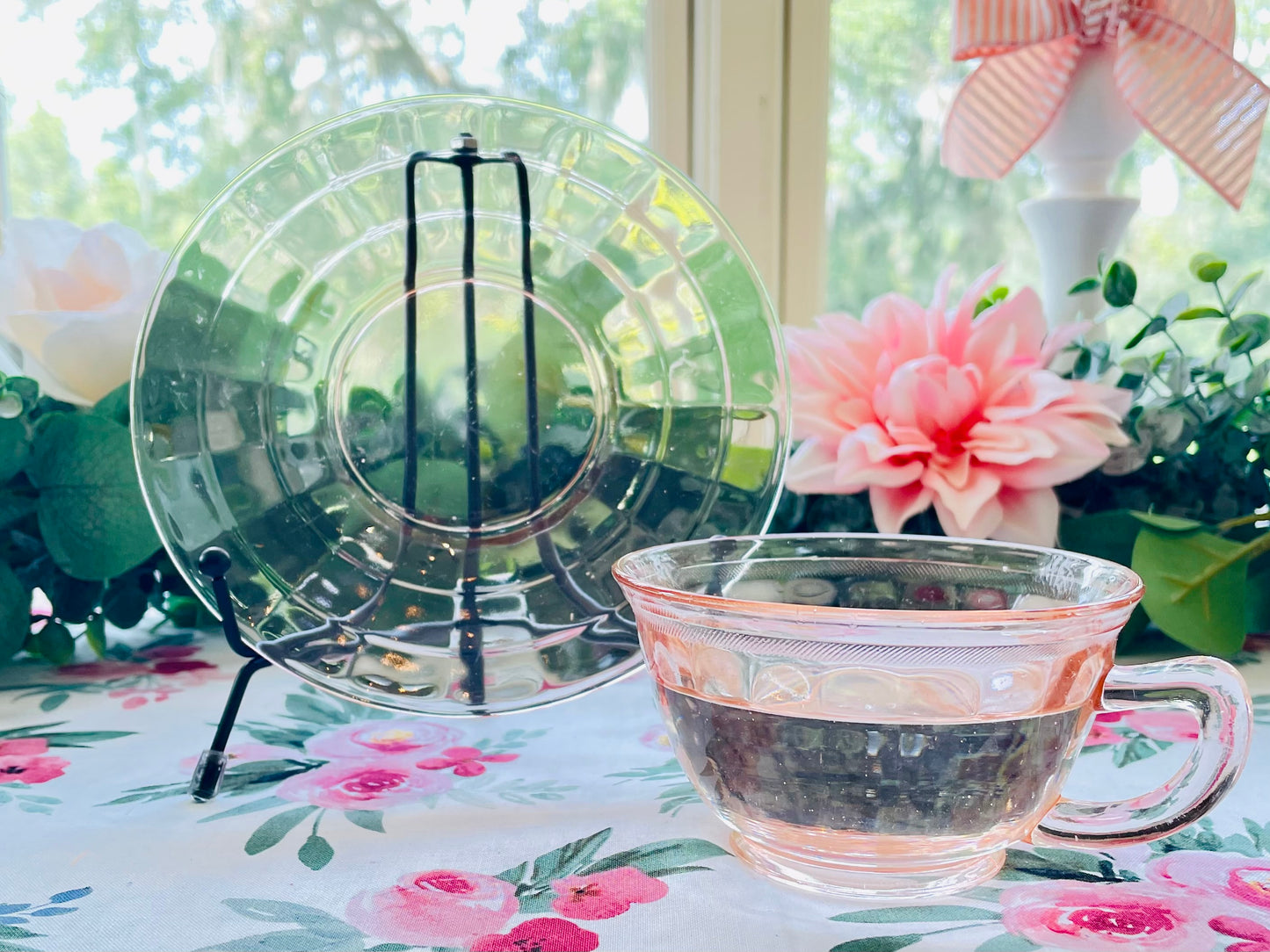 Antique Pink Depression Glass Square Optic Tea Cup and Saucer Set
