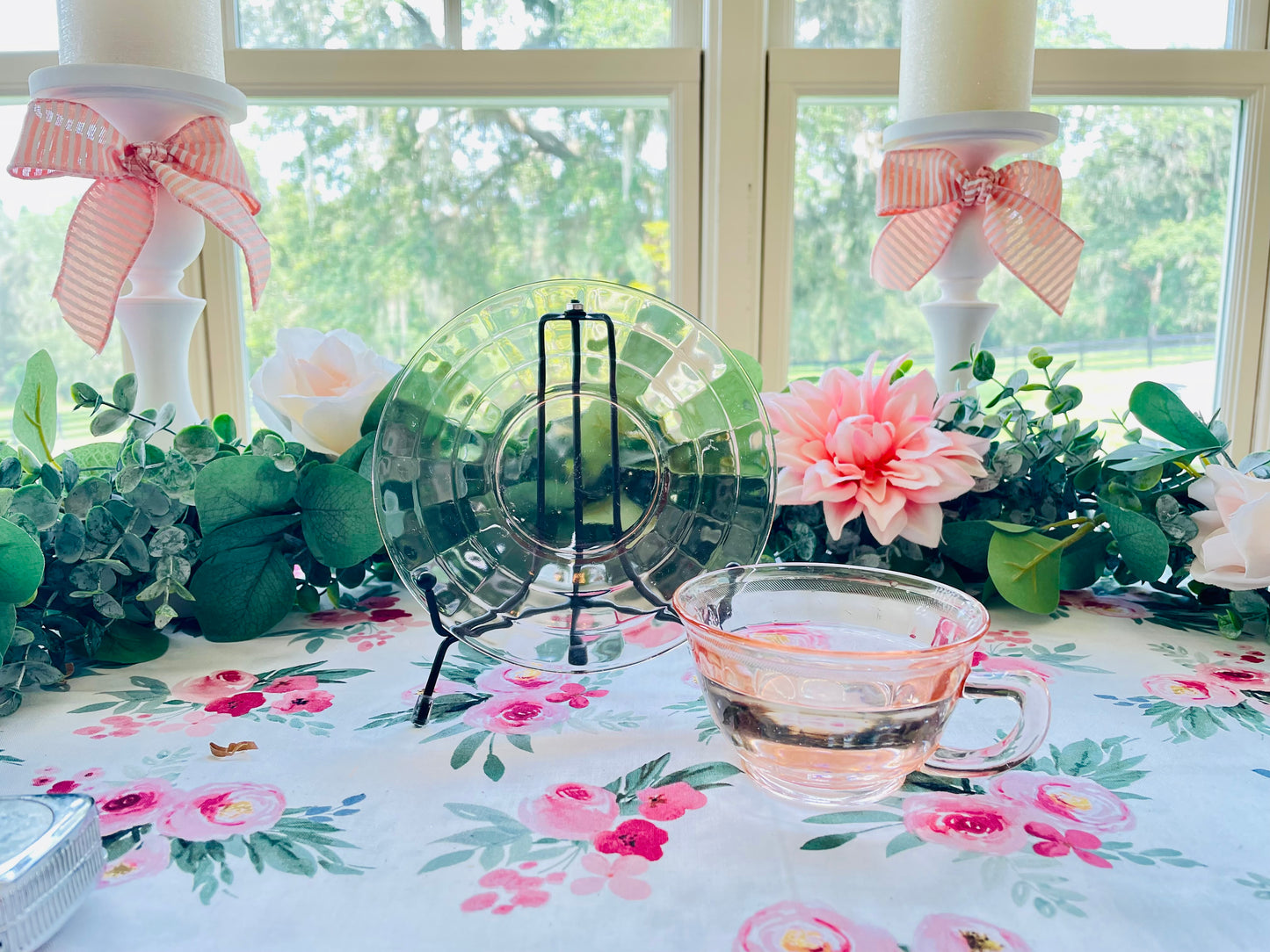 Antique Pink Depression Glass Square Optic Tea Cup and Saucer Set