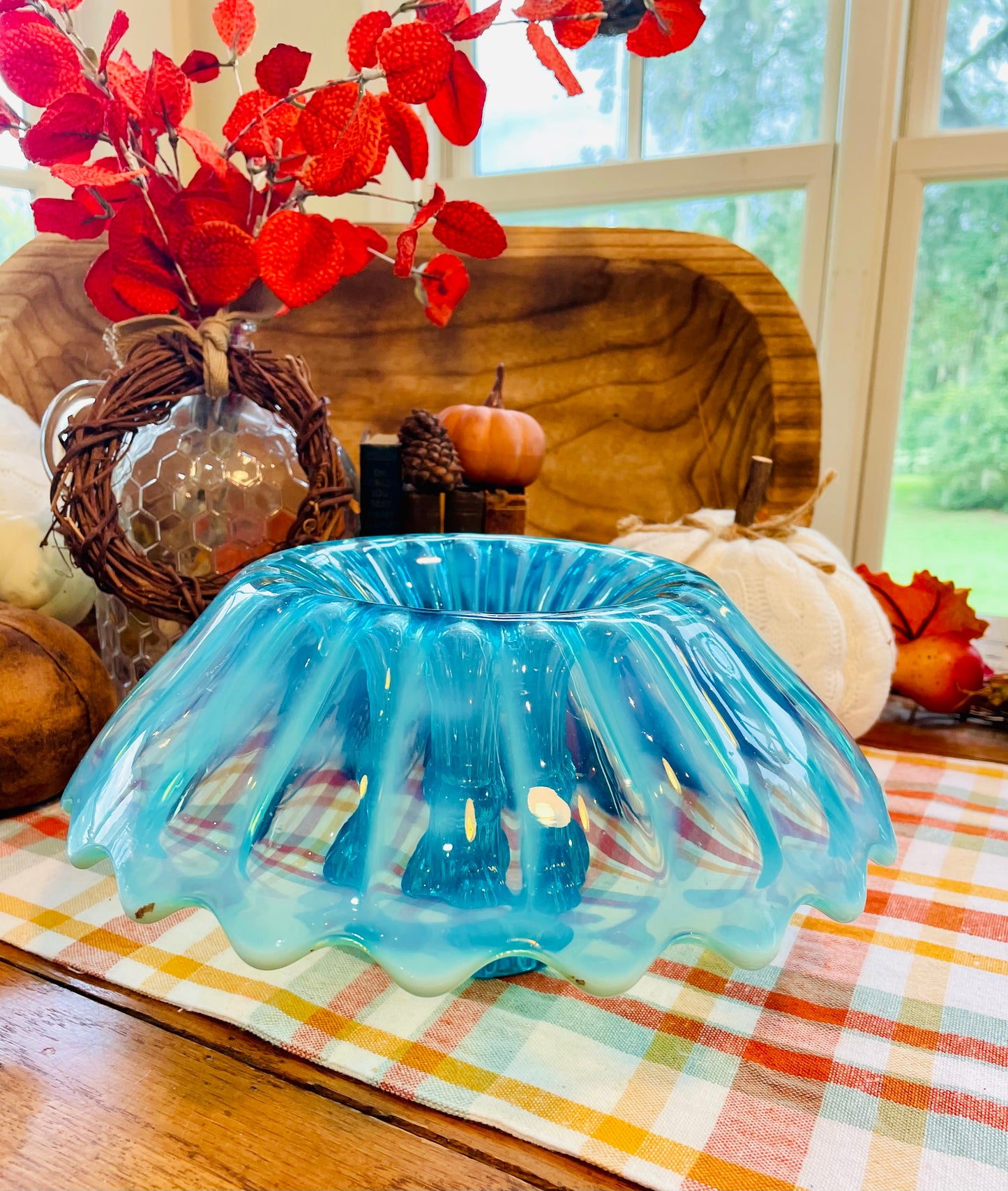 Antique rare blue glass centerpiece kitchen home decor baby blue glass gift ruffle edge Fenton glass Fenton blue glass Thebrokenbirdcompany’s birthday candle holder vase