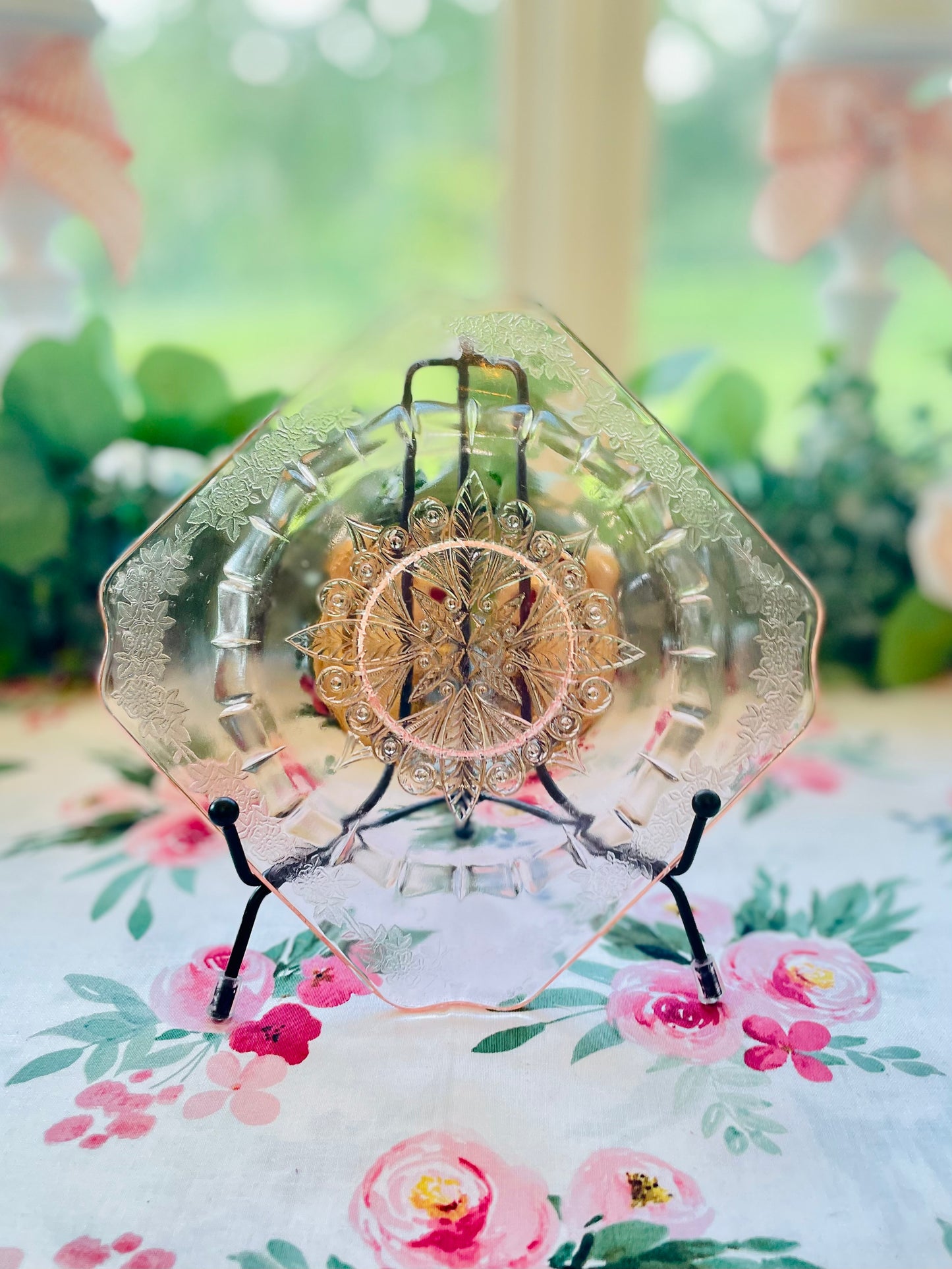 Antique Jeannette Adam Pink Depression Glass Etched 6 Inch Plate