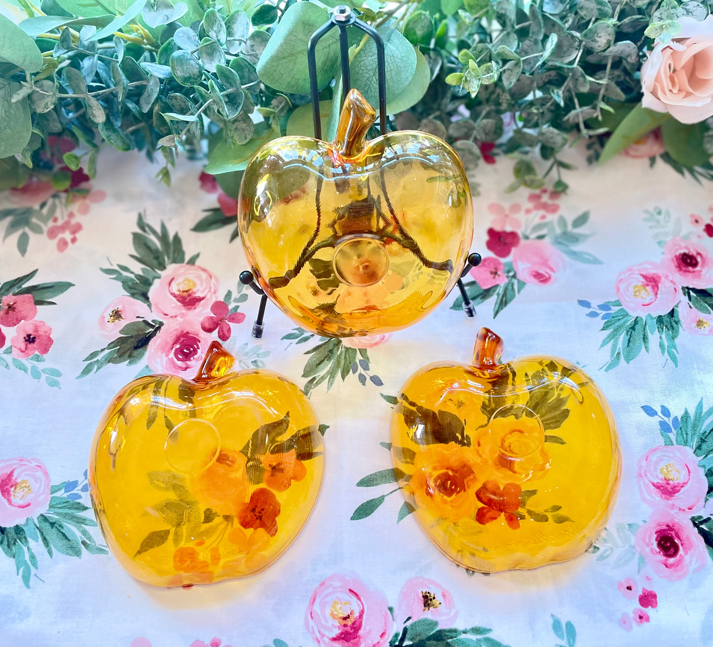 Vintage Orchard Amber Glass Apple Shaped Dessert Bowls Colored Glass Kitchen Ware Amber Bowls Set of 3
