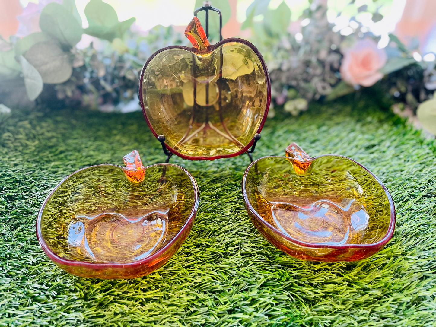 Vintage Orchard Amber Glass Apple Shaped Dessert Bowls Colored Glass Kitchen Ware Amber Bowls Set of 3
