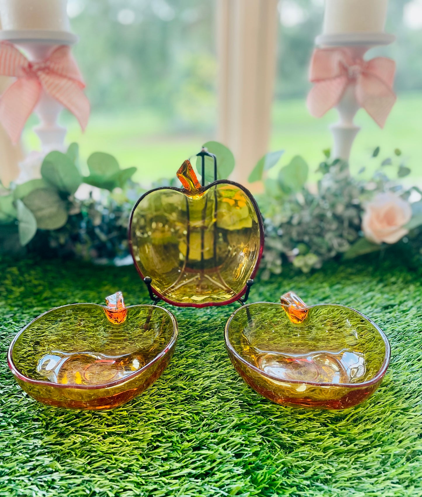 Vintage Orchard Amber Glass Apple Shaped Dessert Bowls Colored Glass Kitchen Ware Amber Bowls Set of 3