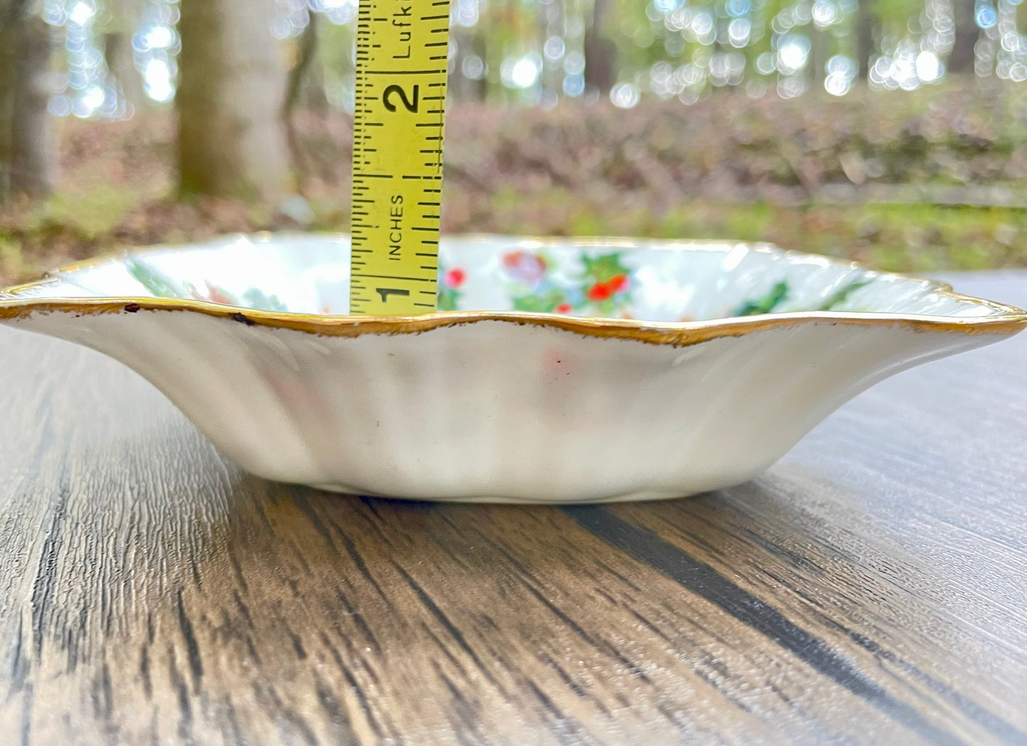 vintage christmas candy dish square scalloped edge gold rim pinecones holly and berries Yuletide collection 1970s Rosina China Company LTD Queens China bon bon dish christmas decor christmas dishes discontinued design free shipping gift holiday decor thebrokenbirdcompany classic christmas decorations holiday dishes gifts green mistletoe red holly gold rim scalloped edge green brown and red white gold colors 5 inch candy dish