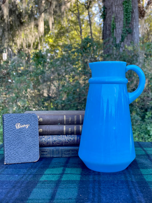 vintage french opaline pitcher, blue opaline glass pitcher, antique french opaline, raised base mark glass, swirl mark opaline, portieux vallerysthal style, 6 inch blue opaline jug, hand blown french pitcher, robins egg blue creamer, embossed mold mark glassware, collectible french milk glass, turquoise opaline pitcher, victorian blue opaline, french opaline with base mark victorian decor french victorian decor 19th century antiques ocean blue glass thebrokenbirdcompany free shipping