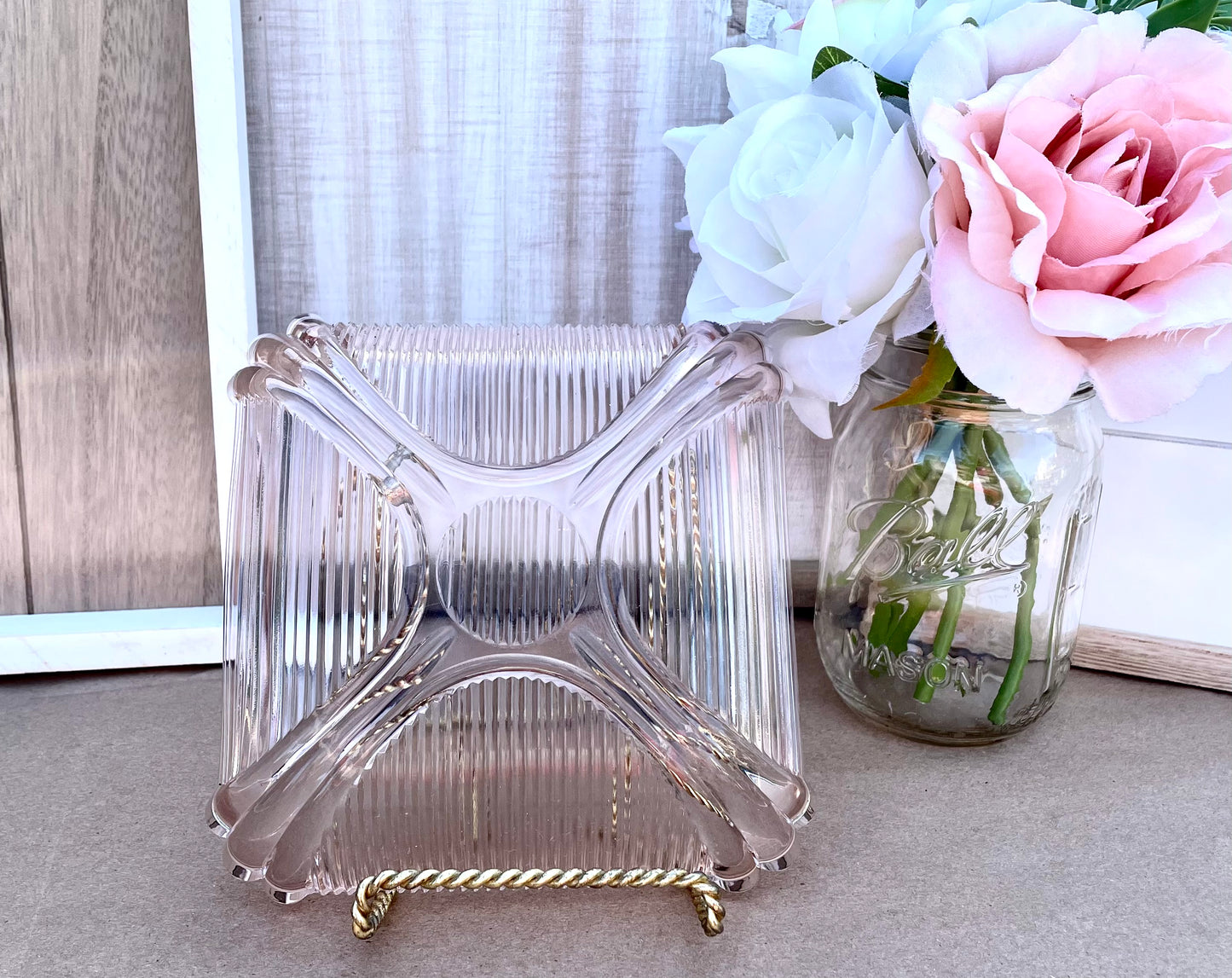 Antique Opalescent Pink Depression Glass Square Ribbed Dish