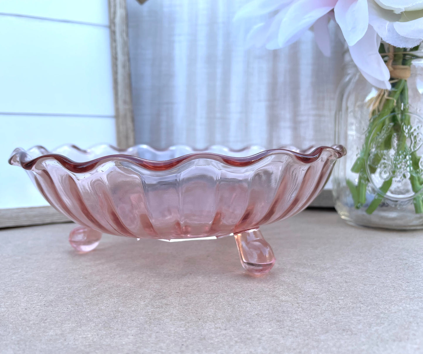 Antique Pink Depression Glass 1930s Scalloped Rim Three Point Footed Art Deco Bowl